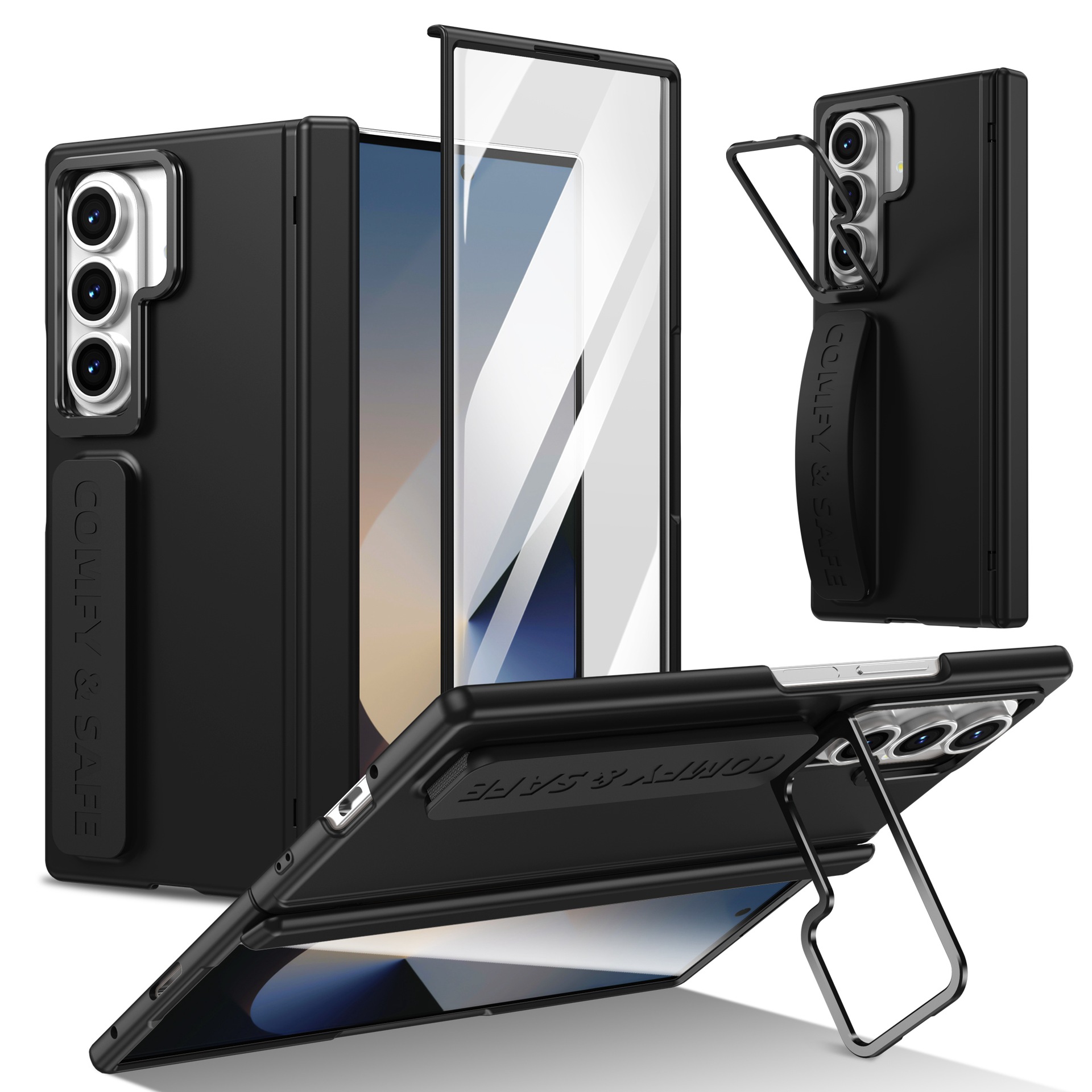 Compatible with Samsung Z Fold8/7/6 phone case, 5/4/3 lens holder, wrist strap, hinge, full coverage, drop protection. - Black [Casing] and Strap Samsung Z Fold8 [Standard Edition]