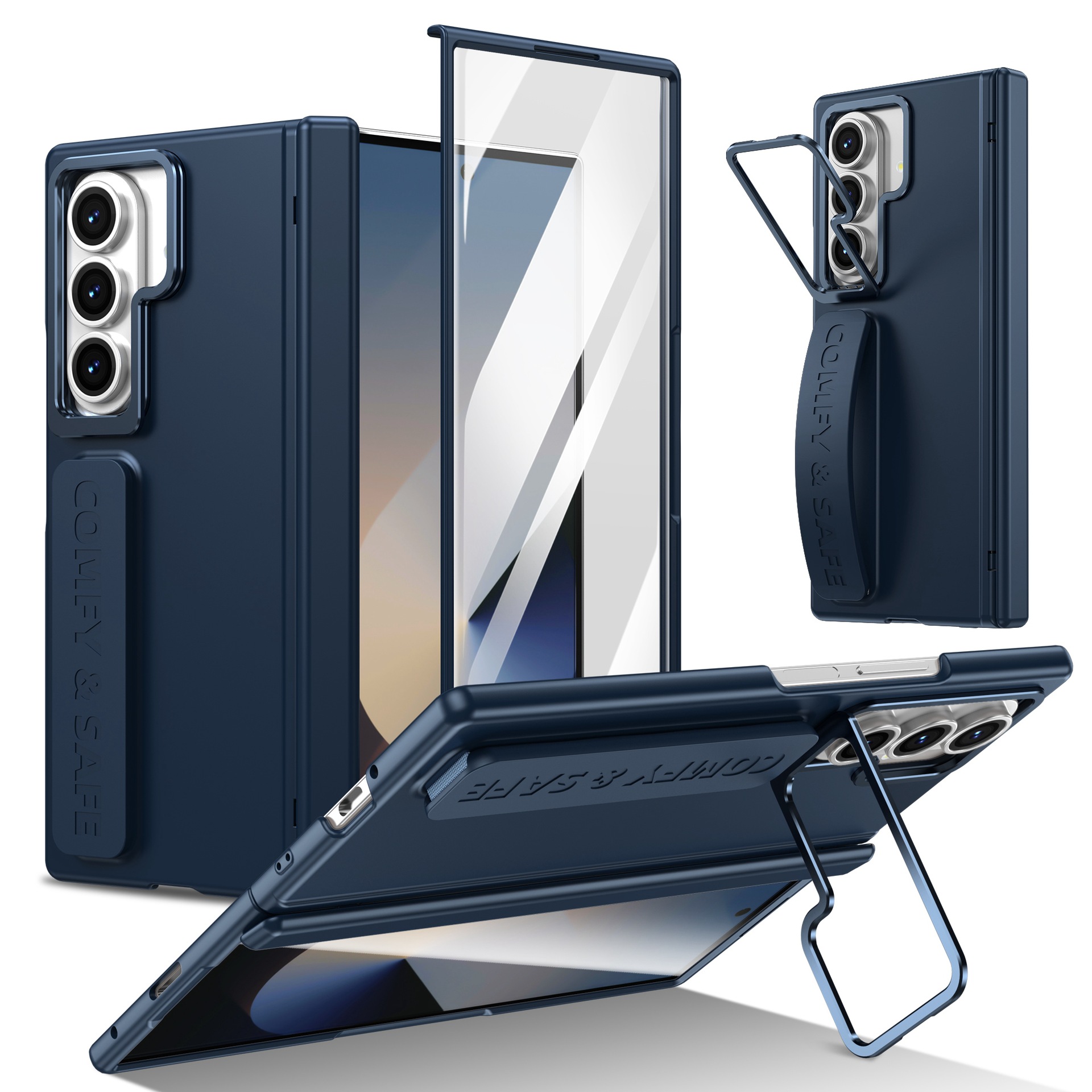 Compatible with Samsung Z Fold8/7/6 phone case, 5/4/3 lens holder, wrist strap, hinge, full coverage, drop protection. - Blue [Casing] Strap Samsung Z Fold8 [Standard Edition]