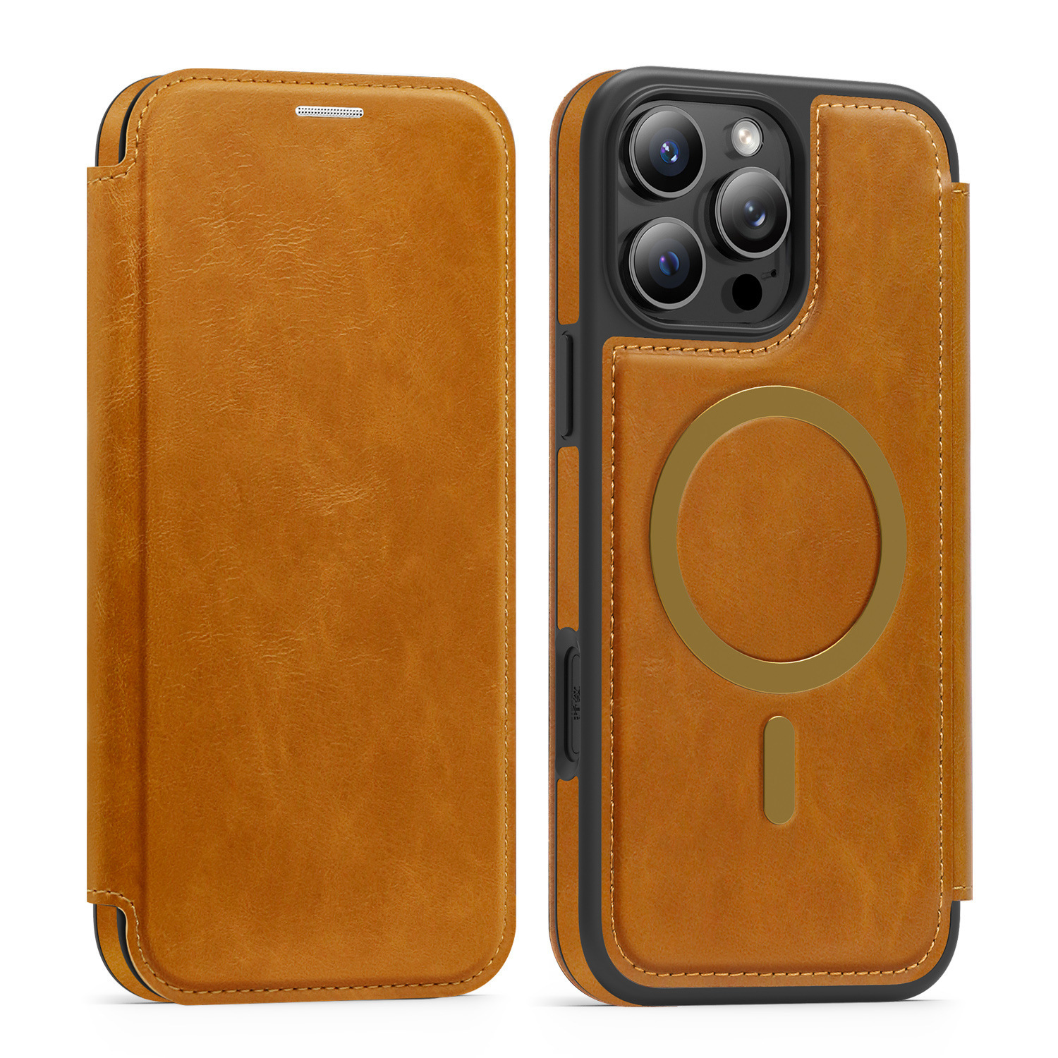 Compatible with Apple 17 Air phone case, 16/15 Pro Max magnetic flip case with card slot, 13/14 Pro protective case - Brown IP-17promax