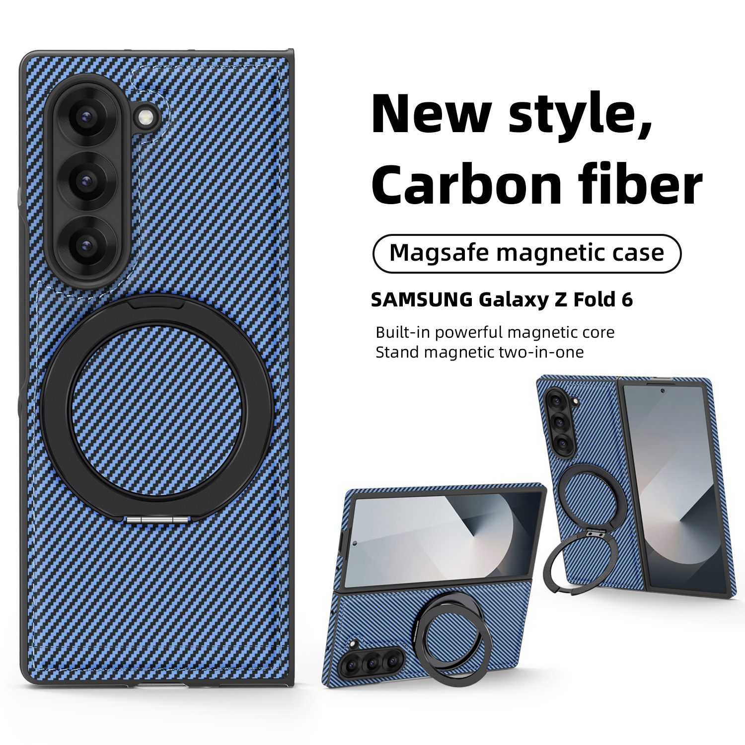 Compatible with Samsung Z Fold8/7 phone case 6/5 magnetic rotating 360° stand 4/3 carbon fiber textured folding screen leather case - Far Peak Blue [Kevlar Texture] Z Fold8ultra [Standard Edition]
