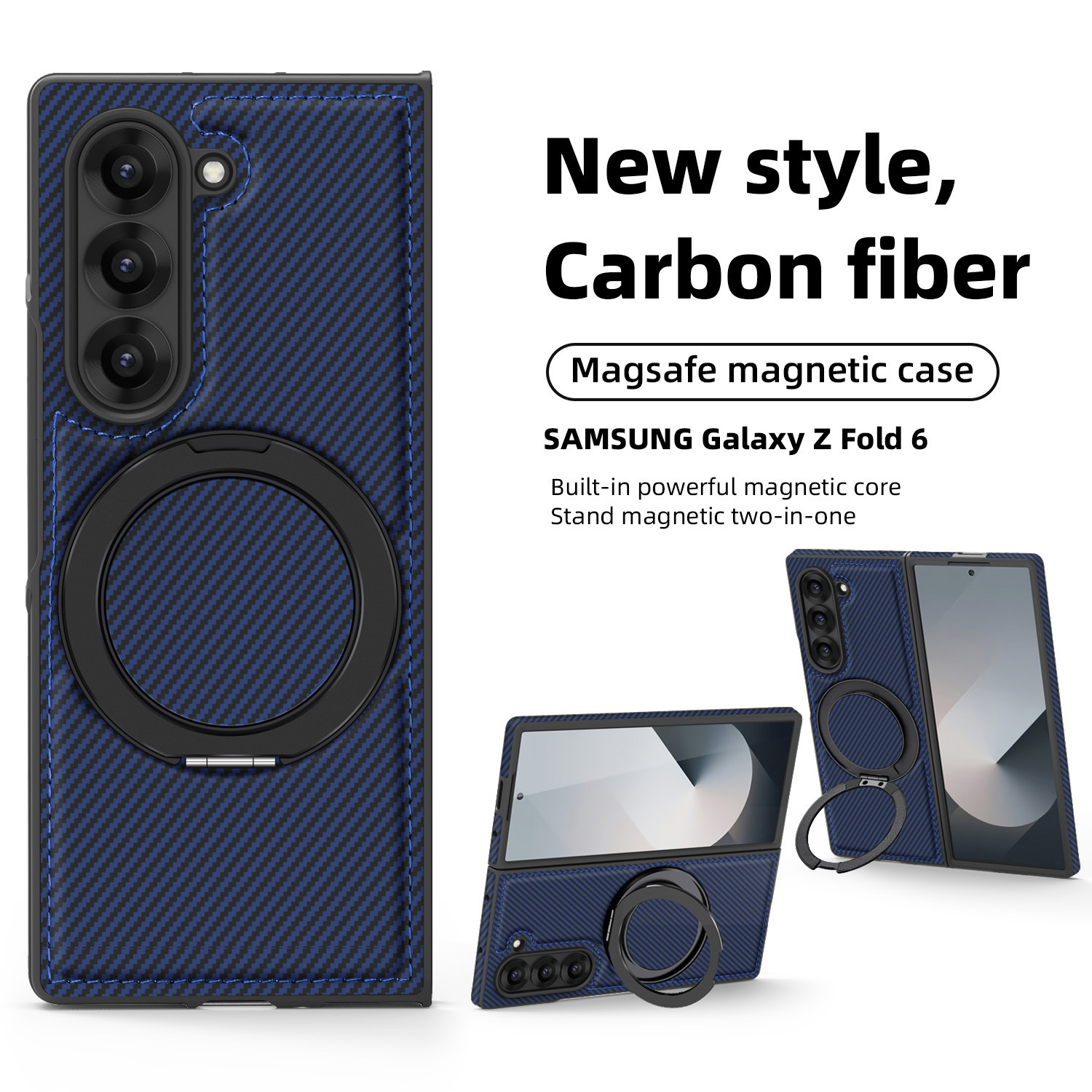 Compatible with Samsung Z Fold8/7 phone case 6/5 magnetic rotating 360° stand 4/3 carbon fiber textured folding screen leather case - Royal Blue [Kevlar Texture] Z Fold8ultra [Standard Edition]