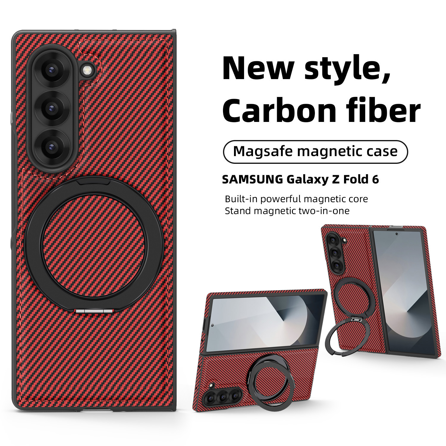 Compatible with Samsung Z Fold8/7 phone case 6/5 magnetic rotating 360° stand 4/3 carbon fiber textured folding screen leather case - Red Kevlar Fabric Z Fold8ultra Standard Edition