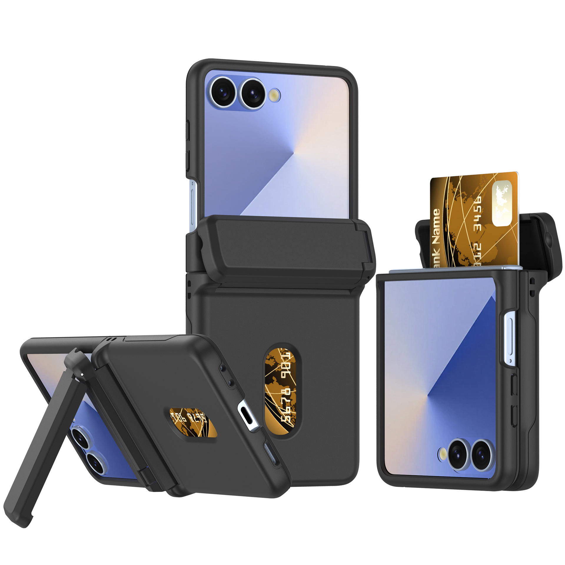Compatible with Samsung Z Flip8/7 phone case, card slot holder, Flip6/5/4 spring-loaded folding screen protective case - Black Samsung Z Flip8