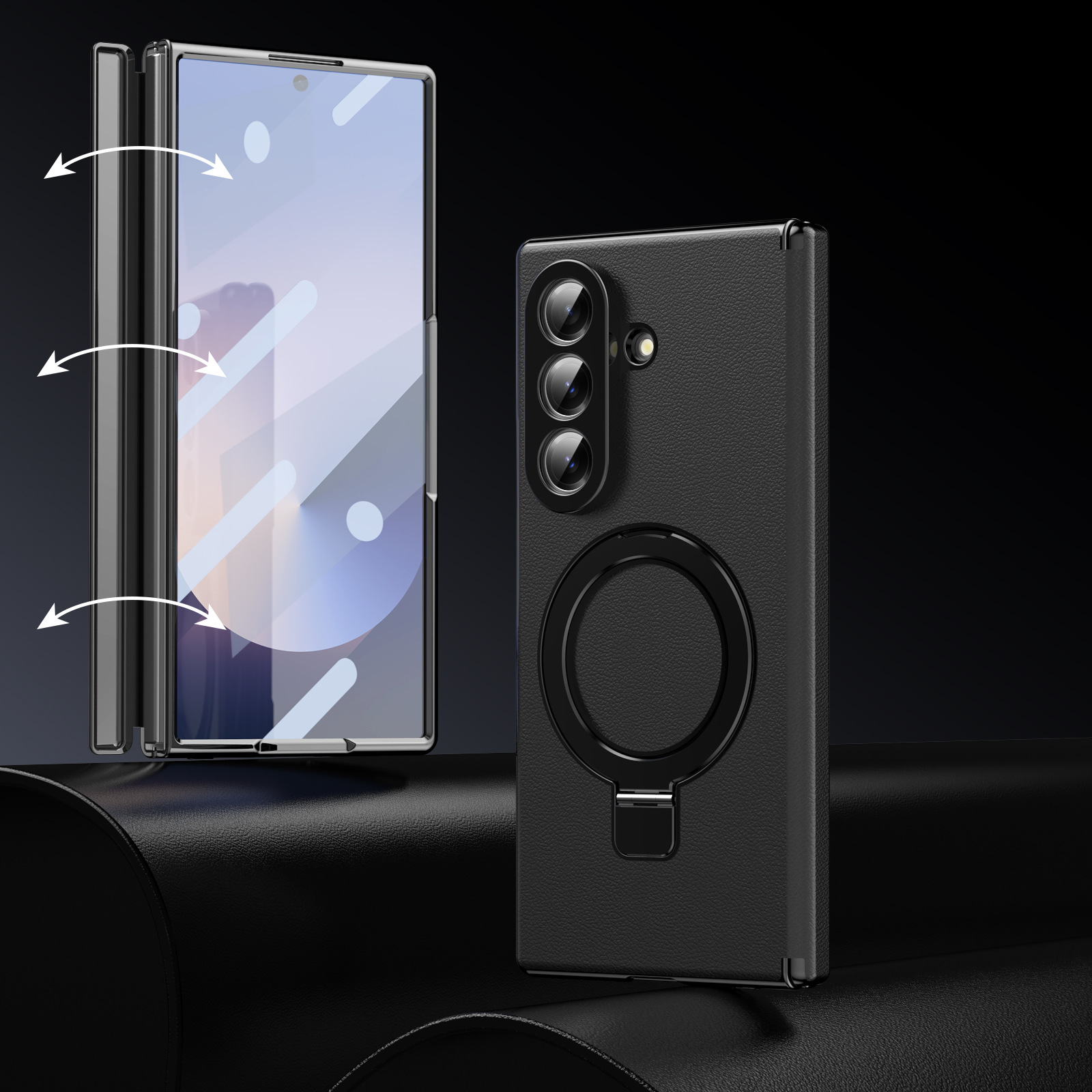 Compatible with Samsung Z Fold8/7 phone case, 6/5 case, electroplated leather, stand, 4/3 folding screen protector - Black + Front Bezel Cover Z Fold8ultra