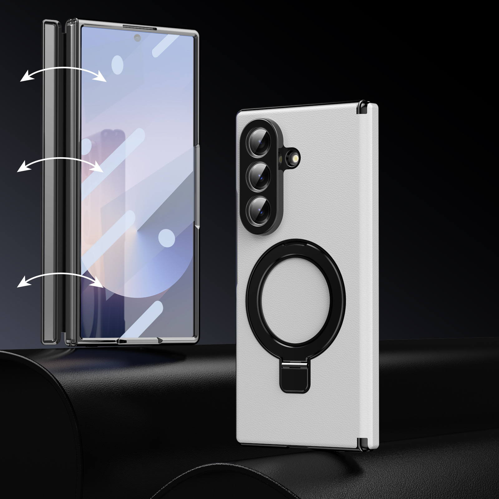 Compatible with Samsung Z Fold8/7 phone case, 6/5 case, electroplated leather, stand, 4/3 folding screen protector - White + Front Frame Cover Z Fold8ultra