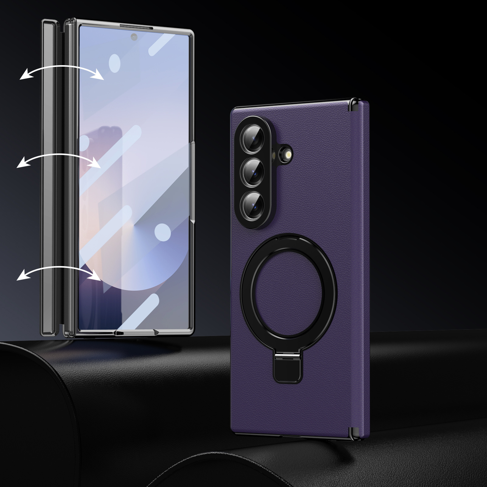 Compatible with Samsung Z Fold8/7 phone case, 6/5 case, electroplated leather, stand, 4/3 folding screen protector - Purple + Front Frame Film Z Fold8ultra