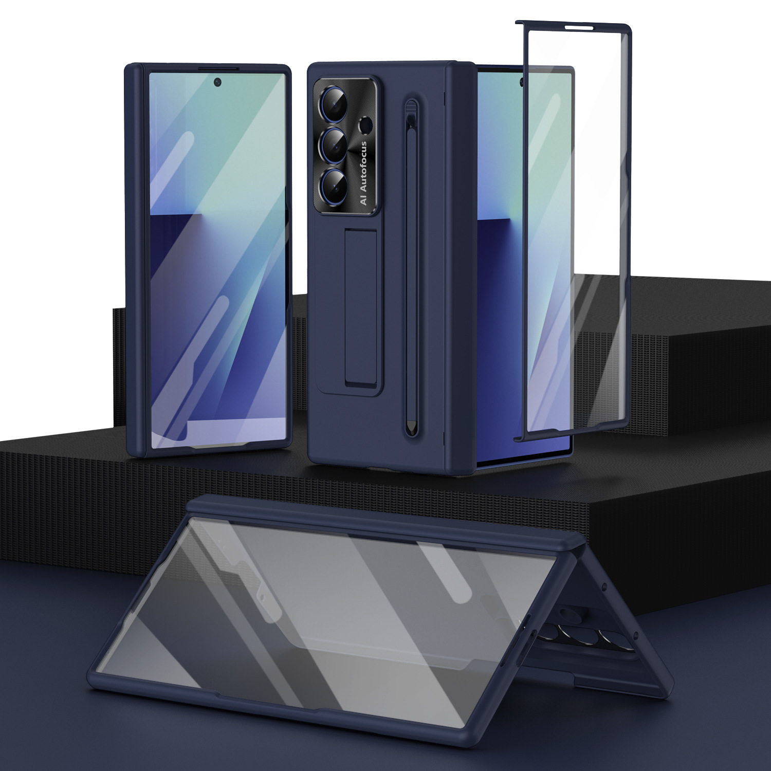 TriFold case with pen, stand, screen protector, and hinge for Samsung Z Fold 8/7/6 phones, providing full coverage protection. - Blue [Shell with Pen] Hongyuan Z Fold8ultra [Standard Edition]