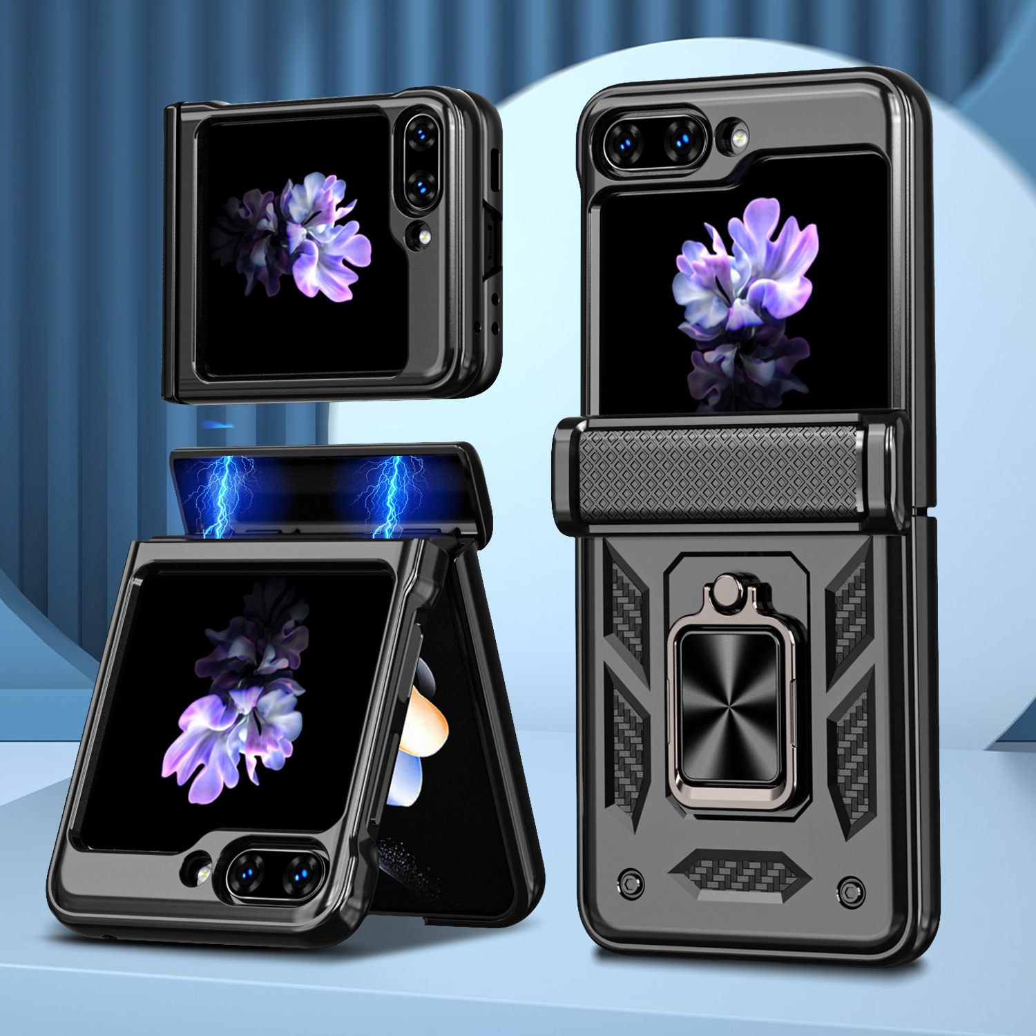 Compatible with Samsung ZFlip 8/7 phone case, 6/5 flip, 360° ring holder, hinge, drop-proof folding screen protective case - Black Samsung Z Flip8