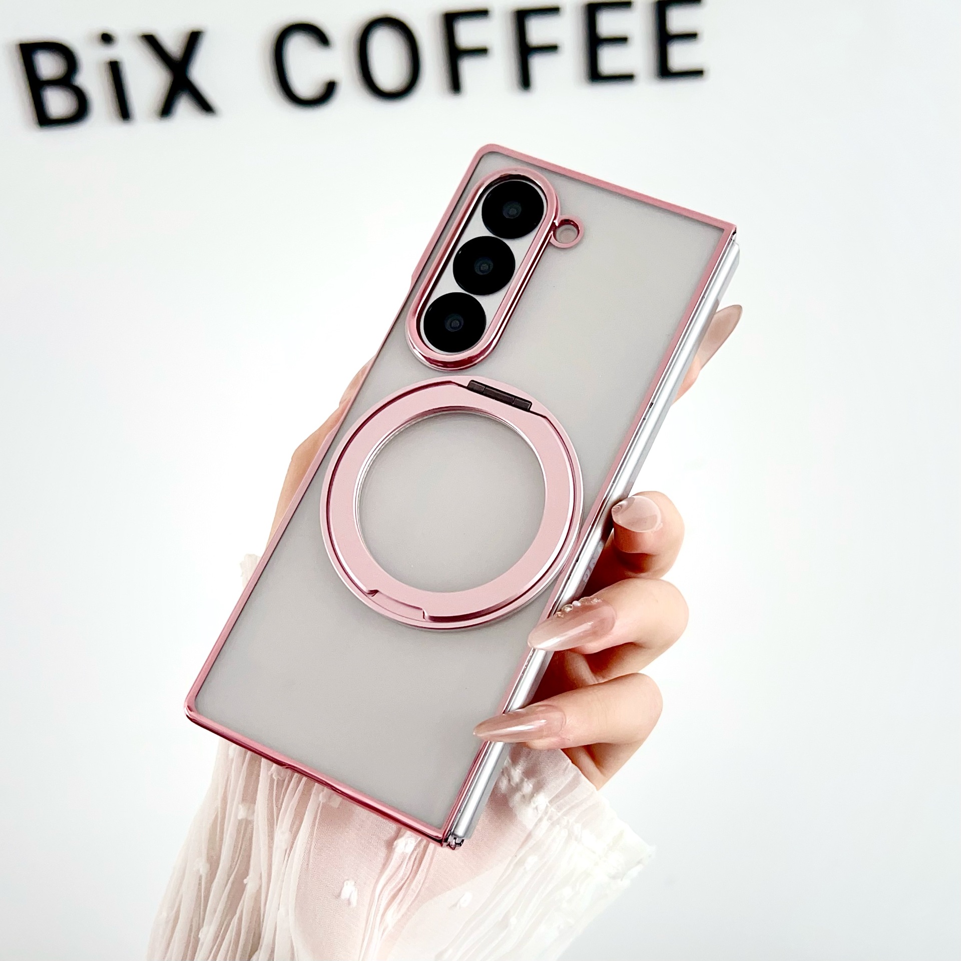 Compatible with Samsung Z Fold8/7/6 phone cases, 5/4/3 magnetic rotating stand, electroplated transparent ultra-thin protective case - Translucent Pink Samsung-Z Fold8