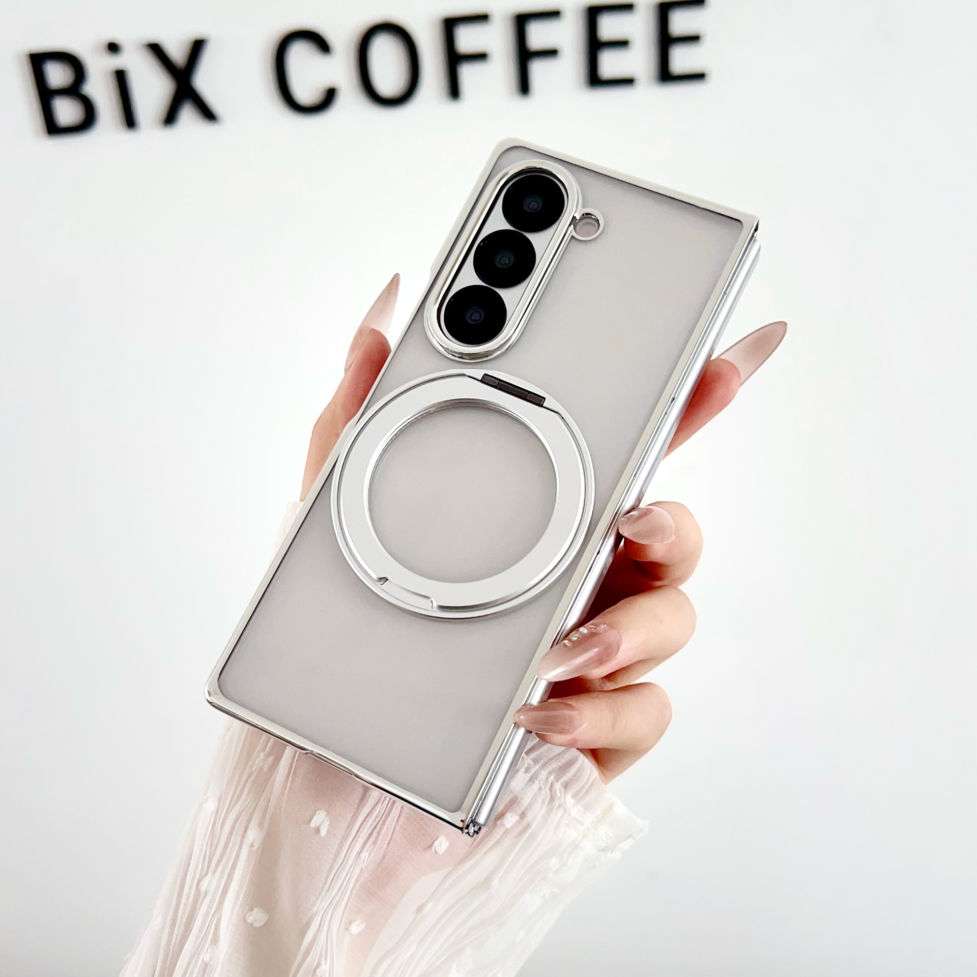 Compatible with Samsung Z Fold8/7/6 phone cases, 5/4/3 magnetic rotating stand, electroplated transparent ultra-thin protective case - Translucent Silver Samsung-Z Fold8