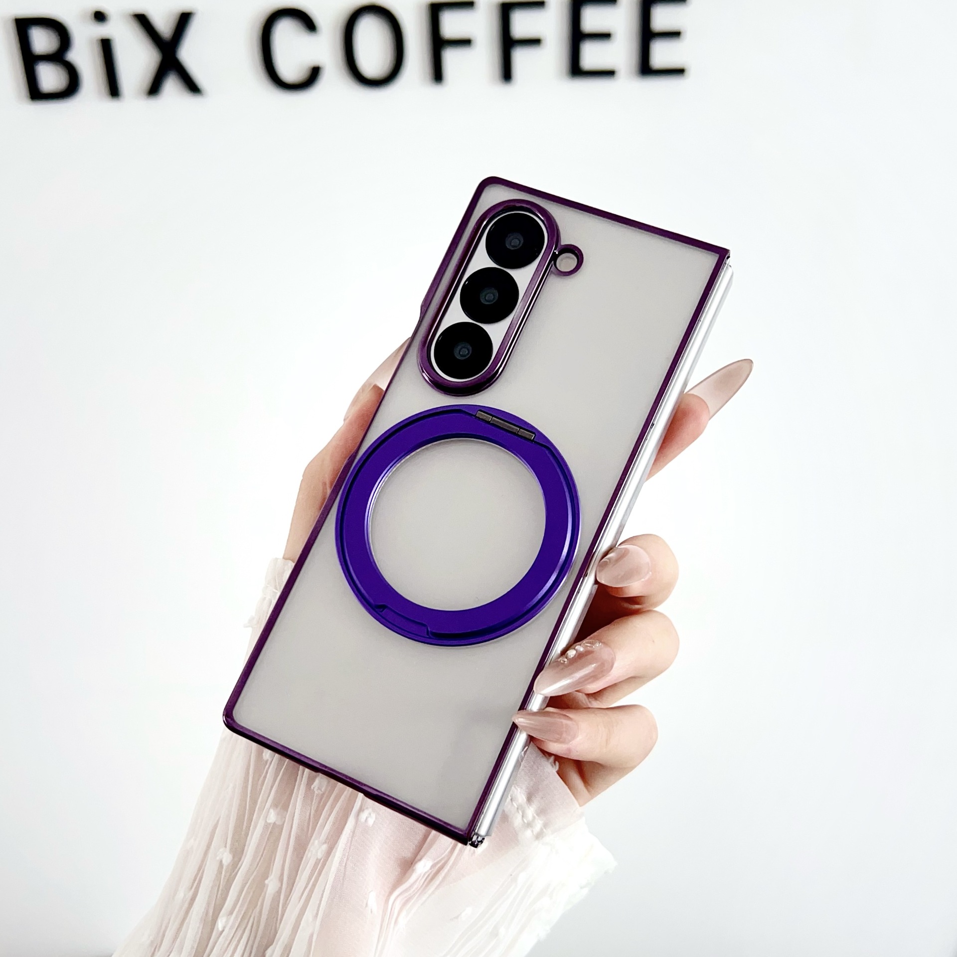 Compatible with Samsung Z Fold8/7/6 phone cases, 5/4/3 magnetic rotating stand, electroplated transparent ultra-thin protective case - Translucent Purple Samsung-Z Fold8