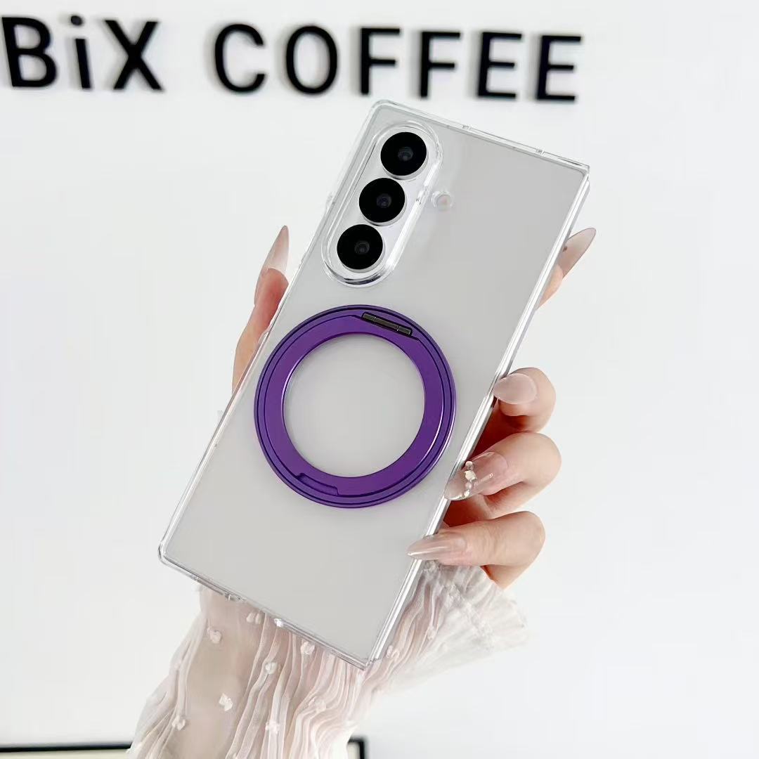 Compatible with Samsung Z Fold8/7/6 phone cases, 5/4/3 magnetic rotating stand, electroplated transparent ultra-thin protective case - Full Transparent Purple Stand Samsung Z Fold8