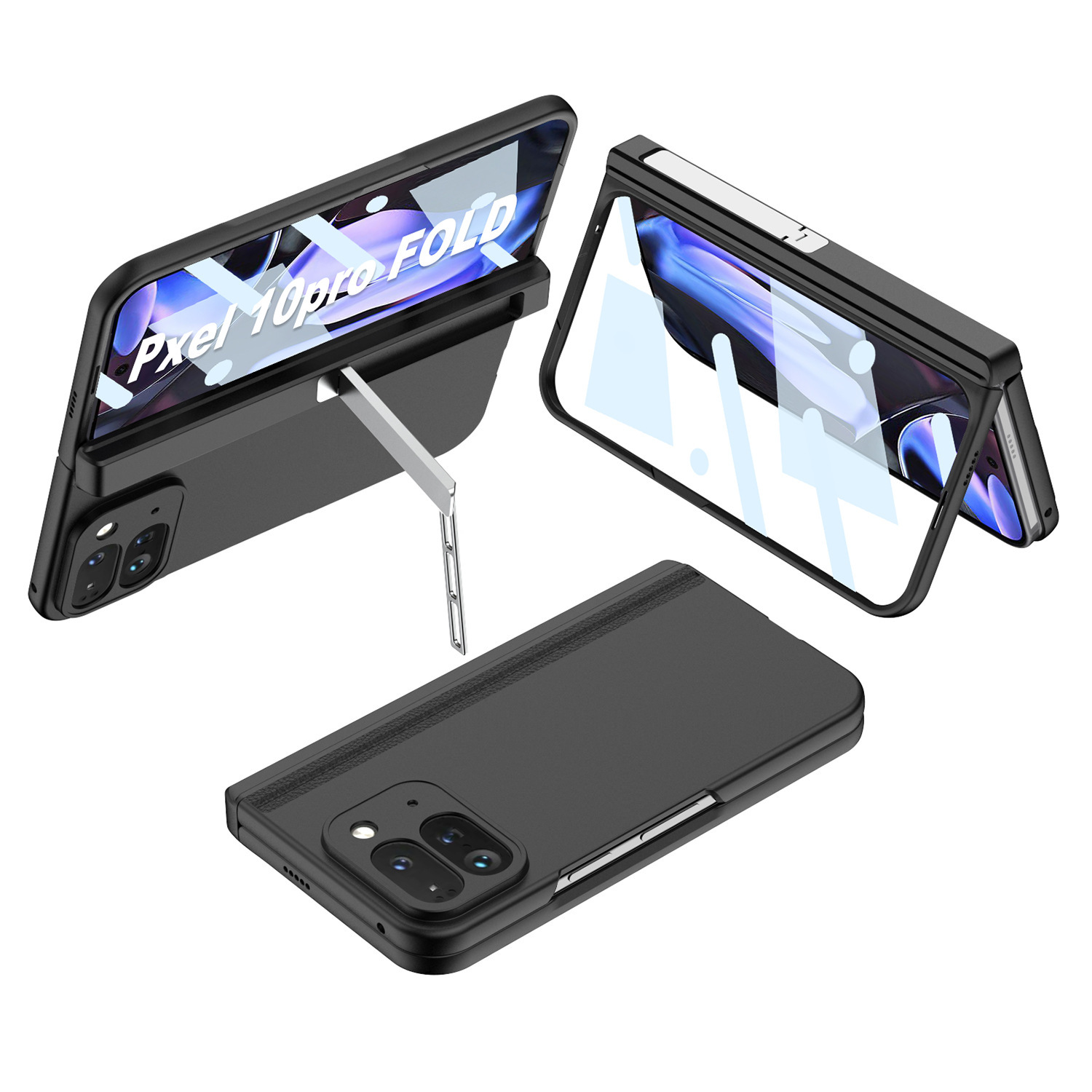 Compatible with Google Pixel 10 Pro Fold phone case, magnetic hinge stand, full coverage, 9p shockproof protective case - Cool Black Case with Side Stand Google Pixel 10 Pro Fold