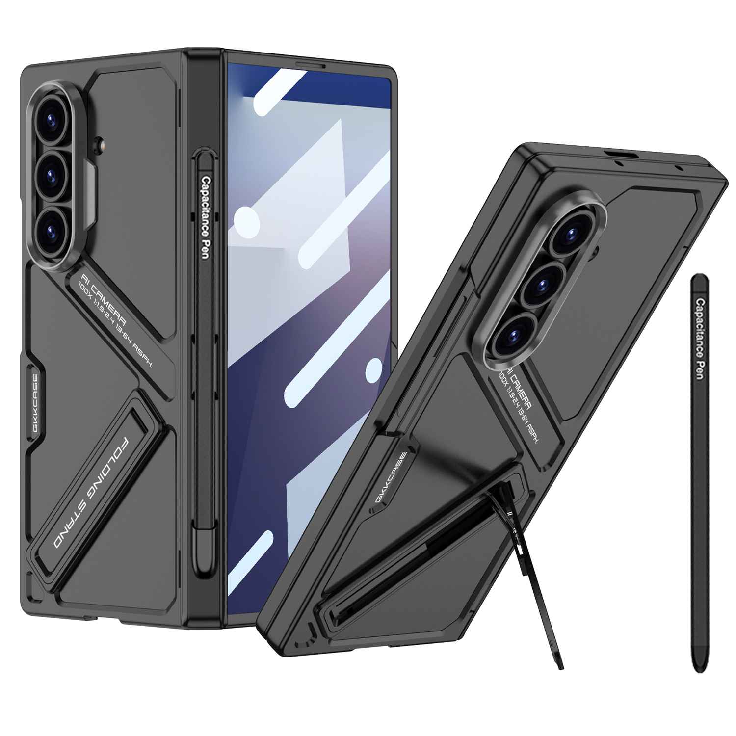 Compatible Samsung Z Fold7 phone case with magnetic hinge, pen slot, pen holder, full-coverage protective case and shockproof design. - Cool Black Case Screen Cover