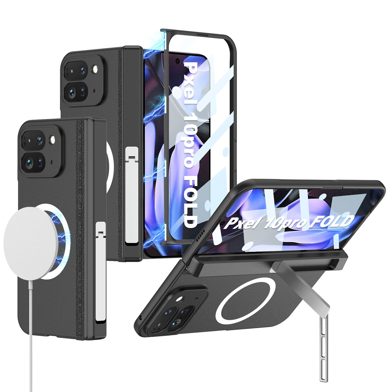Compatible with Google Pixel 10 Pro Fold phone case, wireless charging, magnetic hinge, foldable screen protector, full coverage - Cool Black Case & Screen Protector Wireless Charger Google Pixel 10 Pro Fold