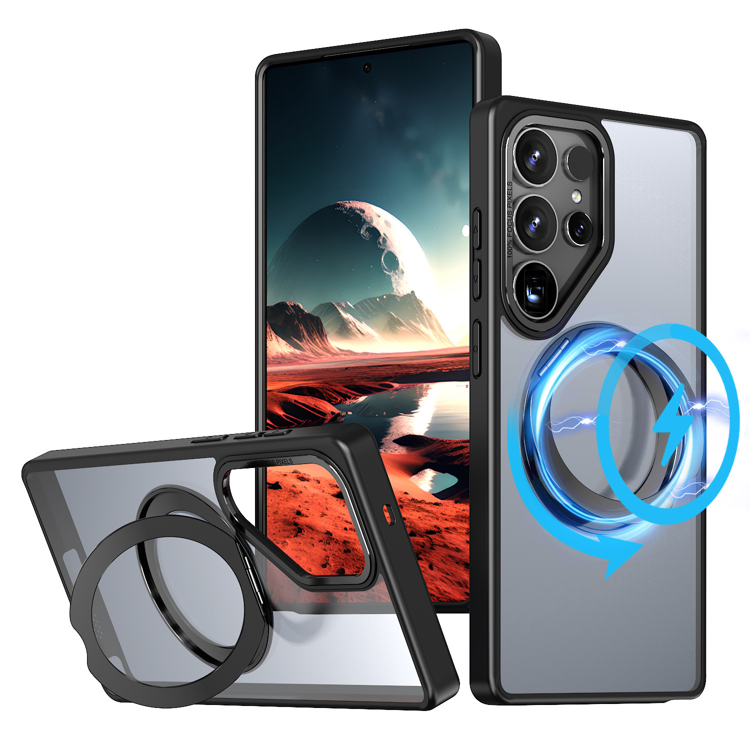 Compatible with Samsung S26 Ultra phone case 25/24 Plus magnetic rotating stand S23 frosted transparent protective case - Black - Matte Finish [Godwing B] S26Utlra