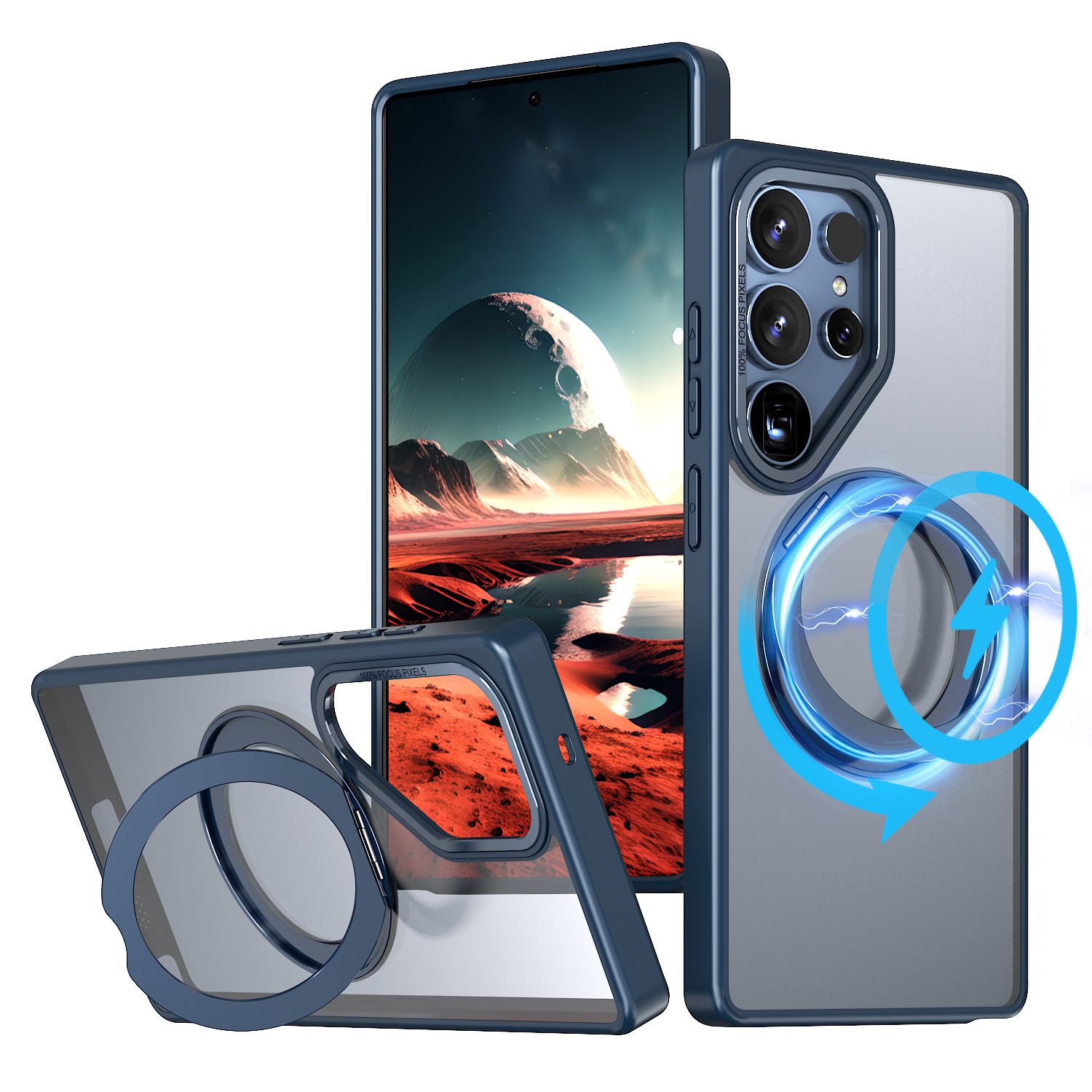 Compatible with Samsung S26 Ultra phone case 25/24 Plus magnetic rotating stand S23 frosted transparent protective case - Blue-Frosted [Godwing B] S26Utlra