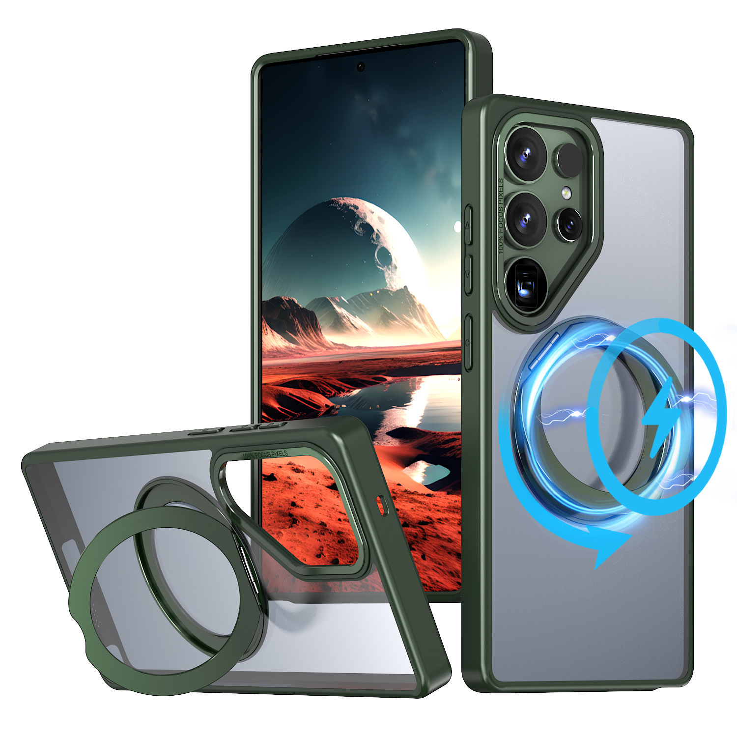 Compatible with Samsung S26 Ultra phone case 25/24 Plus magnetic rotating stand S23 frosted transparent protective case - Dark green - matte finish [Godwing B] S26Utlra