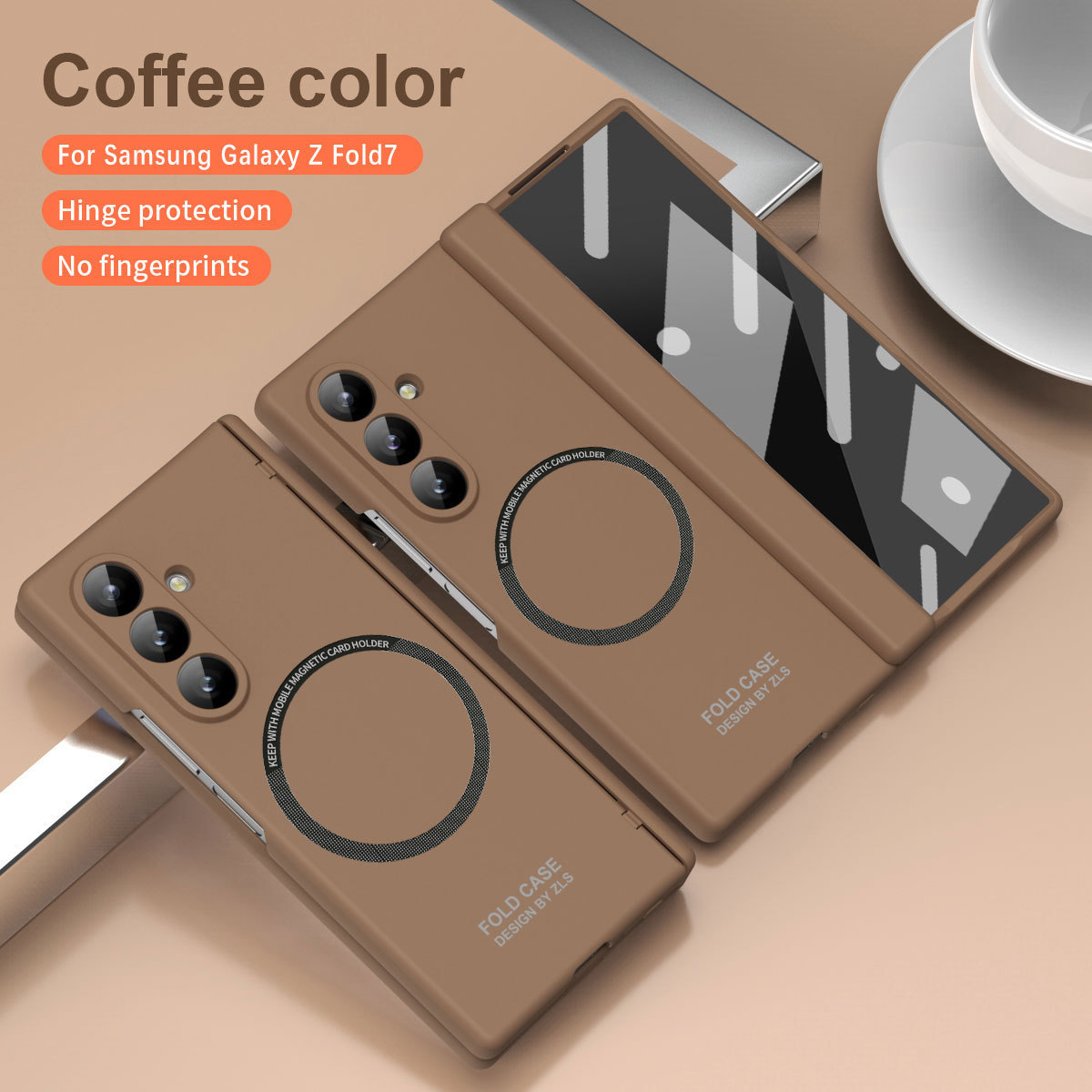 Compatible with Samsung Z Fold8/7 phone case, 6/5 magnetic charging pen slot hinge case, full coverage drop protection case - Caramel-colored casing screen protector