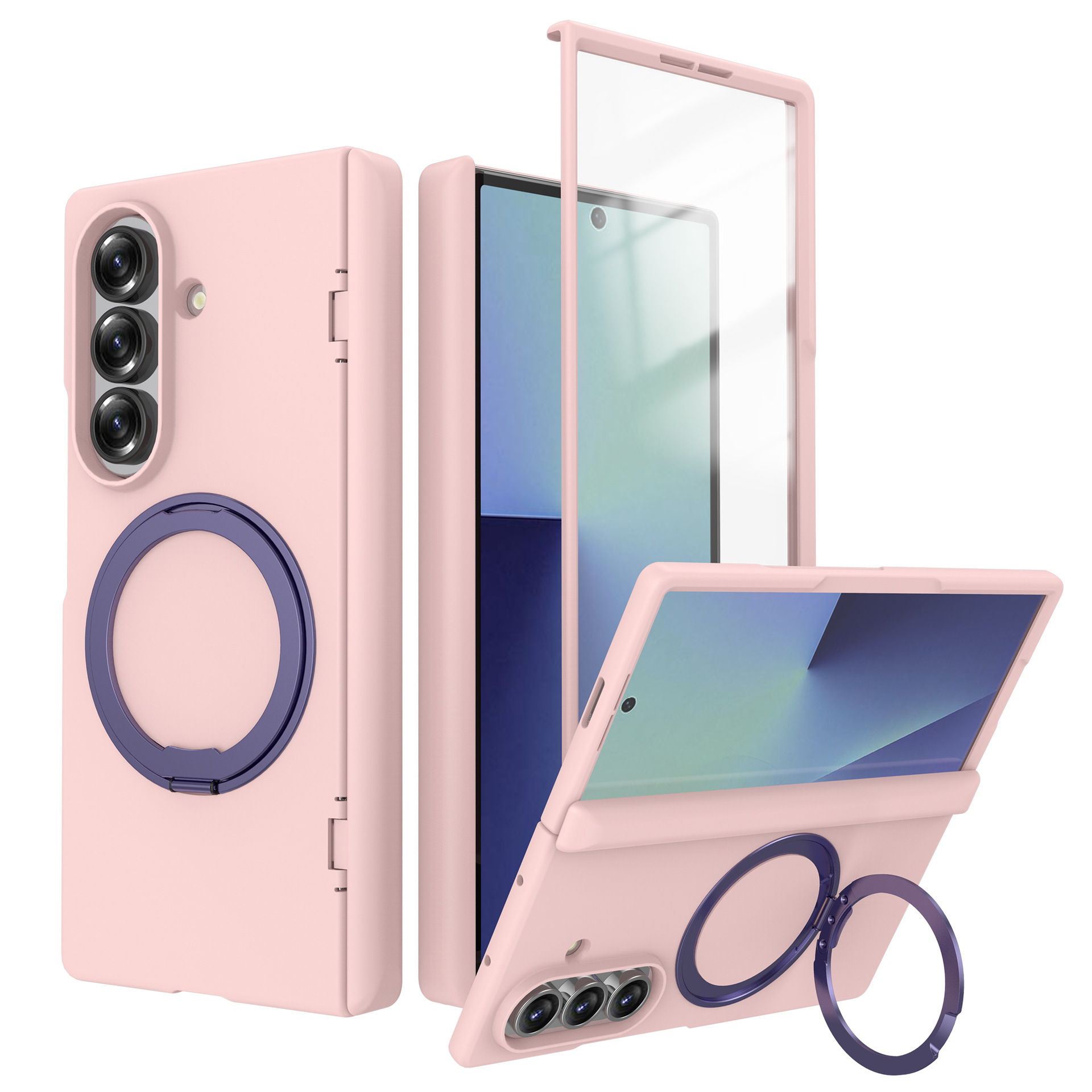 Compatible with Samsung Z Fold7/6 phone case, magnetic 360° rotating stand, spring hinge, full-coverage protective case. - Pink SAM-Z Fold7 [Integrated Case and Protector]