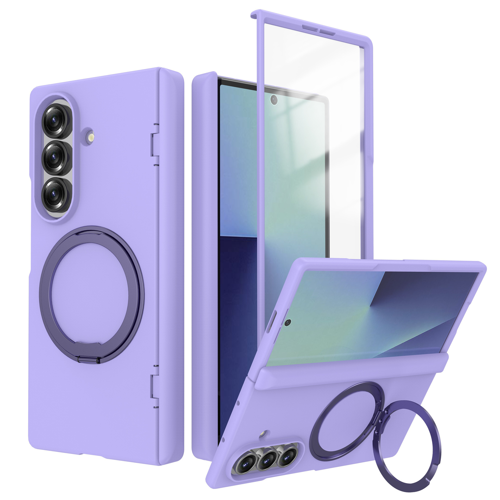 Compatible with Samsung Z Fold7/6 phone case, magnetic 360° rotating stand, spring hinge, full-coverage protective case. - Light Purple SAM-Z Fold7 [Integrated Shell and Membrane]