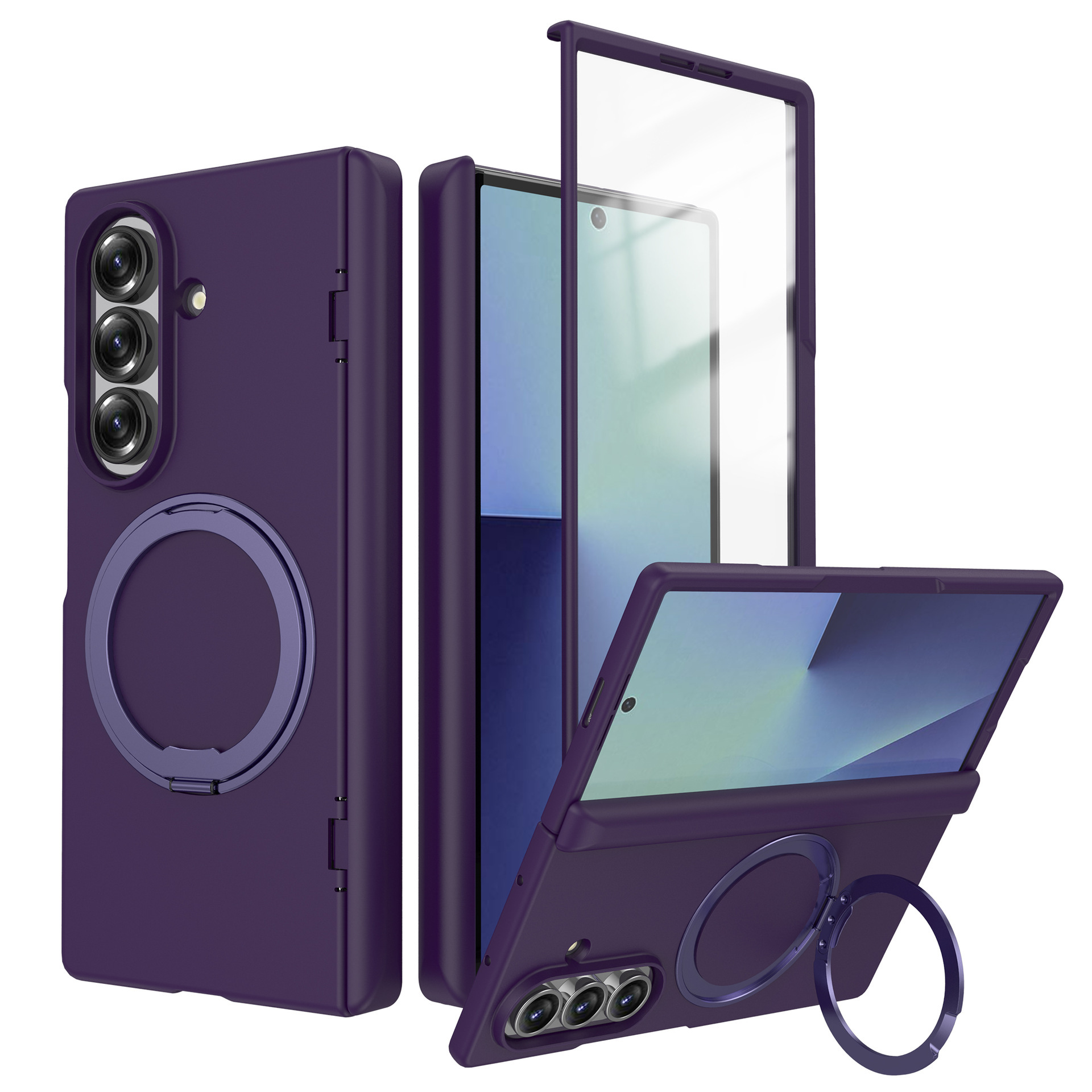 Compatible with Samsung Z Fold7/6 phone case, magnetic 360° rotating stand, spring hinge, full-coverage protective case. - Dark Purple SAM-Z Fold7 [Integrated Case and Coating]
