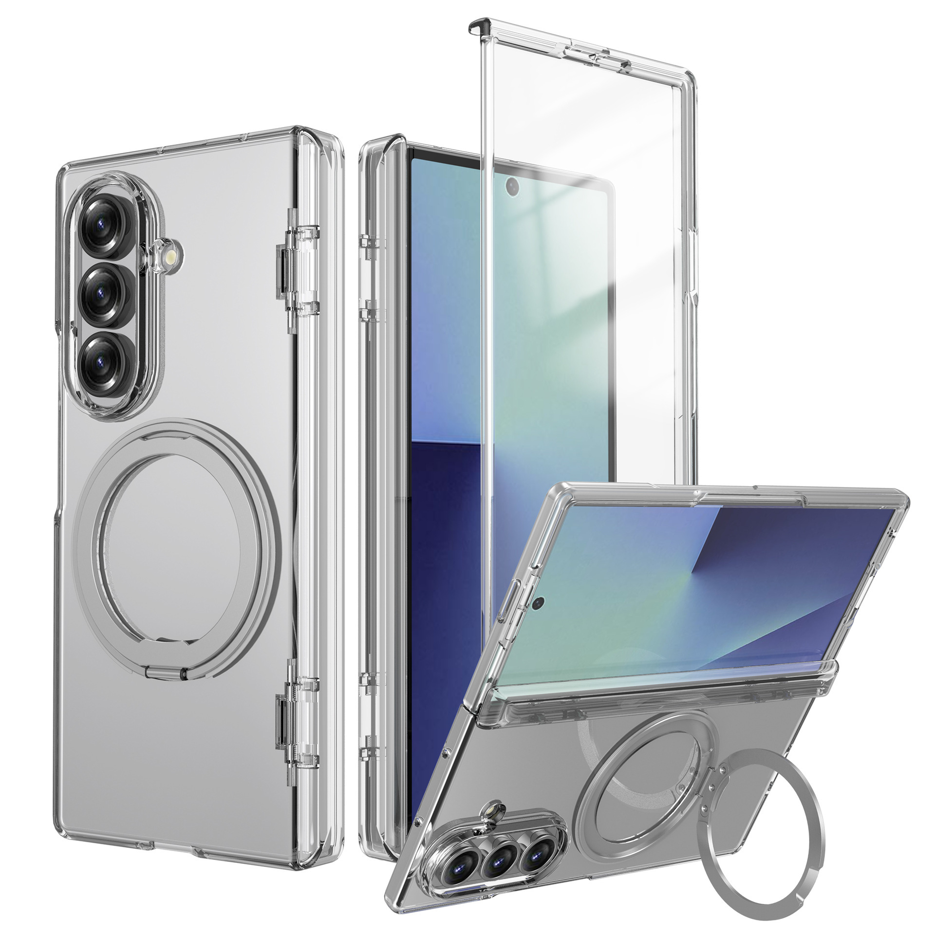 Compatible with Samsung Z Fold7/6 phone case, magnetic 360° rotating stand, spring hinge, full-coverage protective case. - Transparent SAM-Z Fold7 [Integrated Shell and Coating]