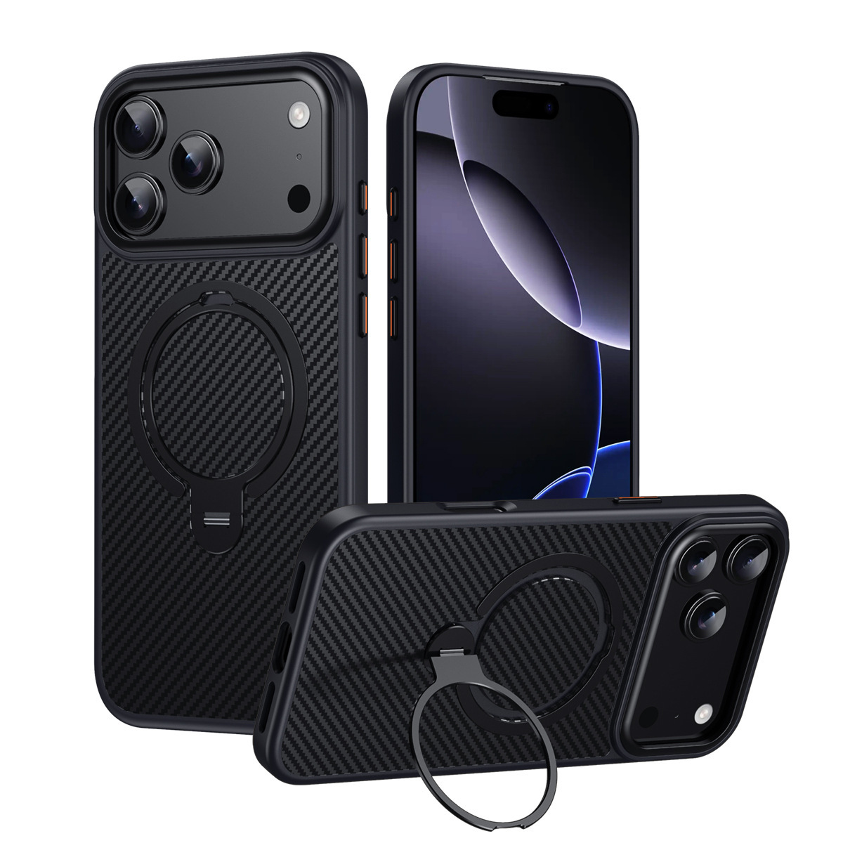 Compatible with Apple 17 Air, 16 Pro Max magnetic rotating stand, 15 Plus carbon fiber textured protective case, 14 - Black IP-17 Promax