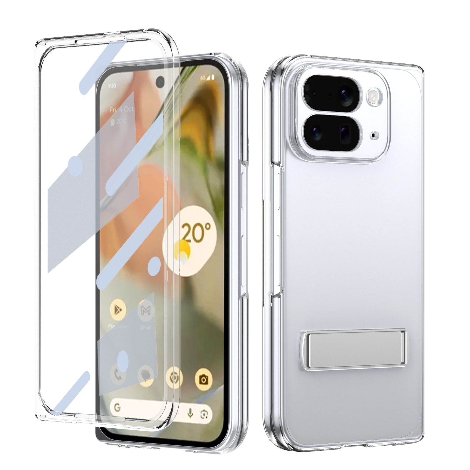 Transparent case, stand, screen protector, and drop protection for Google Pixel 10/9 Pro Fold phones. - Silver [Case] Pixel 10 Pro Fold