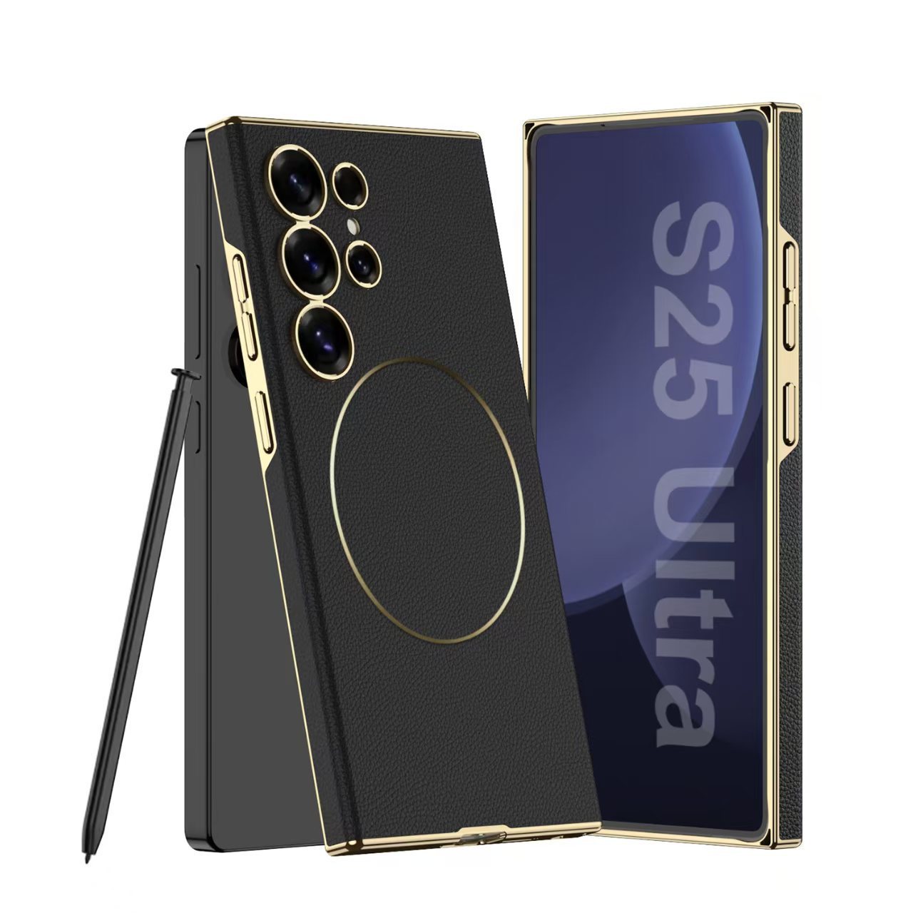Compatible with Samsung S26 Ultra phone case, S25U electroplated curved leather, S24U wireless charging shockproof protective case - Cool Black [Pen Not Included] SM-S26Ultra