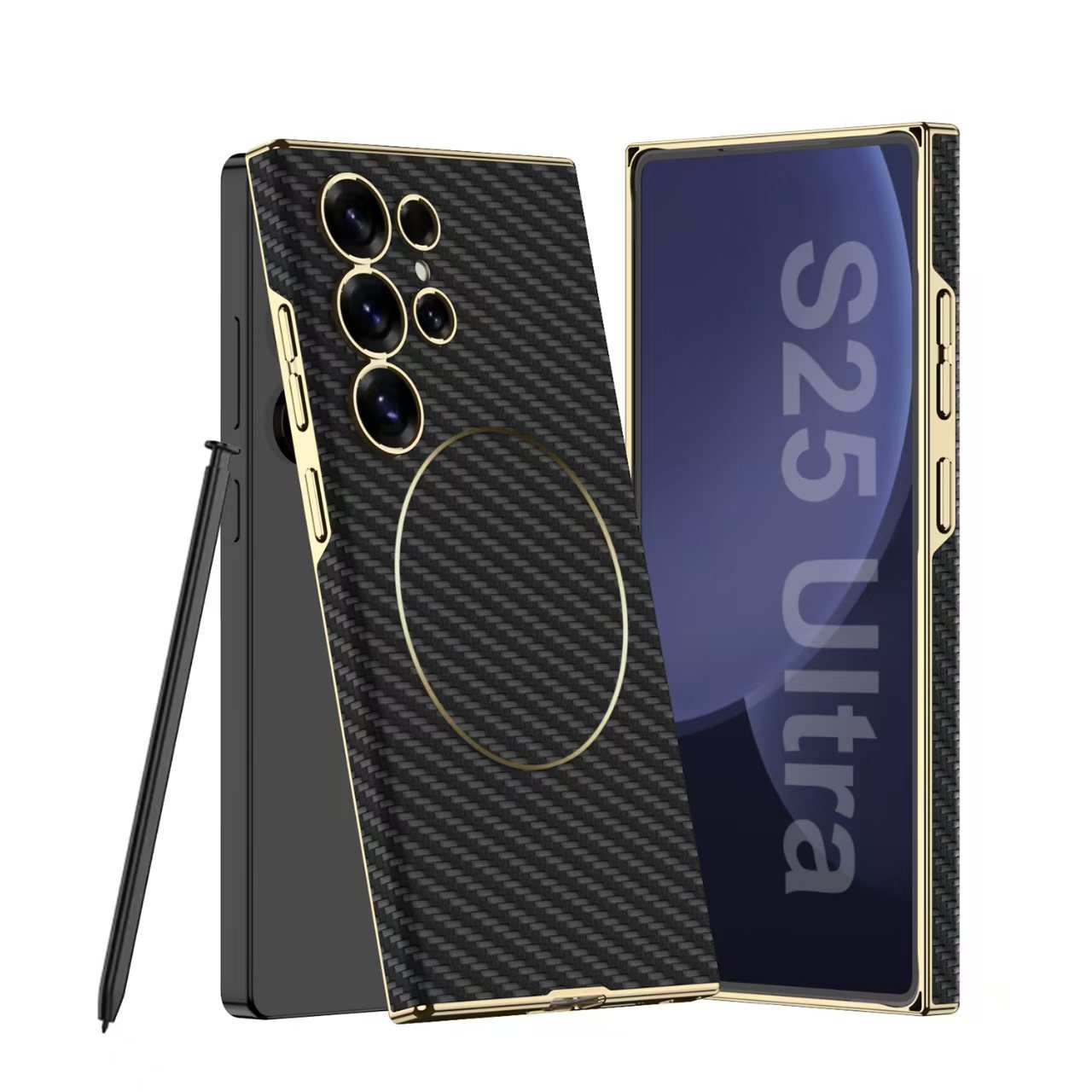 Compatible with Samsung S26 Ultra phone case, S25U electroplated curved leather, S24U wireless charging shockproof protective case - Carbon fiber texture [pen not included] SM-S26Ultra