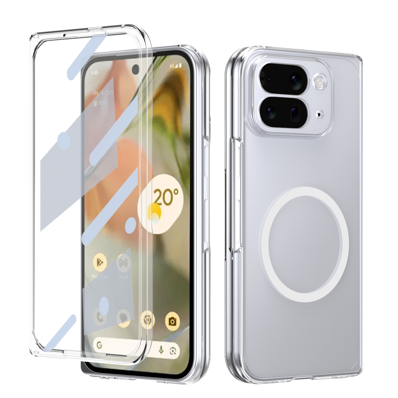Compatible with Google Pixel 10/9pro Fold phone case, magnetic wireless charging case, screen protector, all-in-one transparent protective case - Silver-white with magnetic ring [case screen protector]