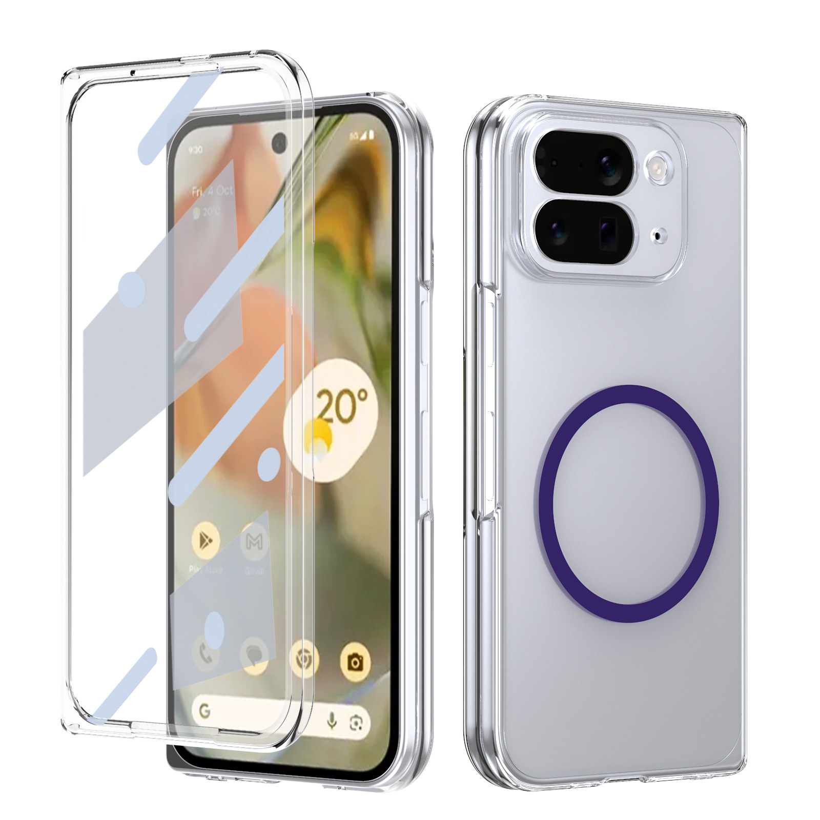 Compatible with Google Pixel 10/9pro Fold phone case, magnetic wireless charging case, screen protector, all-in-one transparent protective case - Purple with magnetic ring [case screen protector]