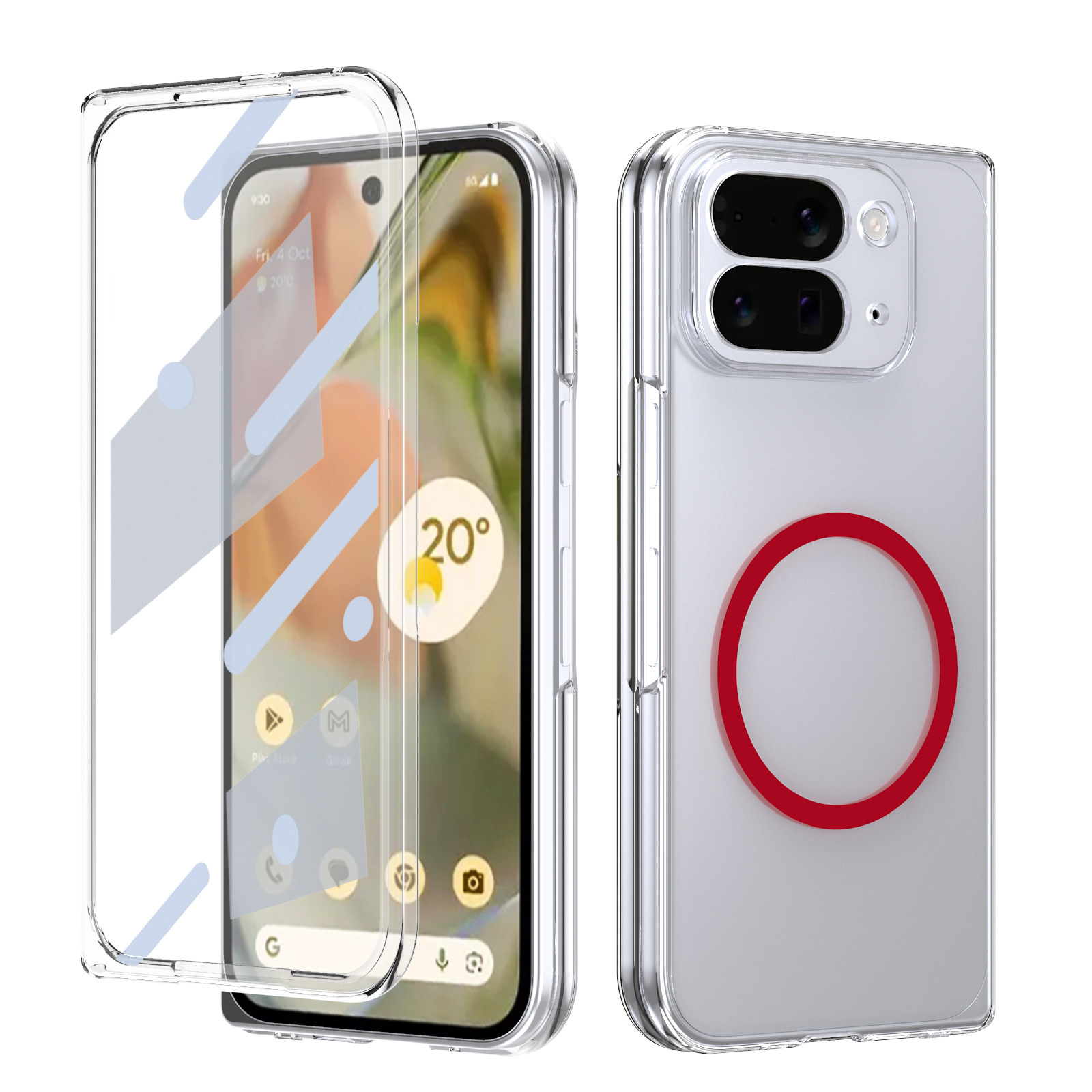 Compatible with Google Pixel 10/9pro Fold phone case, magnetic wireless charging case, screen protector, all-in-one transparent protective case - Red with magnetic ring [case screen protector]
