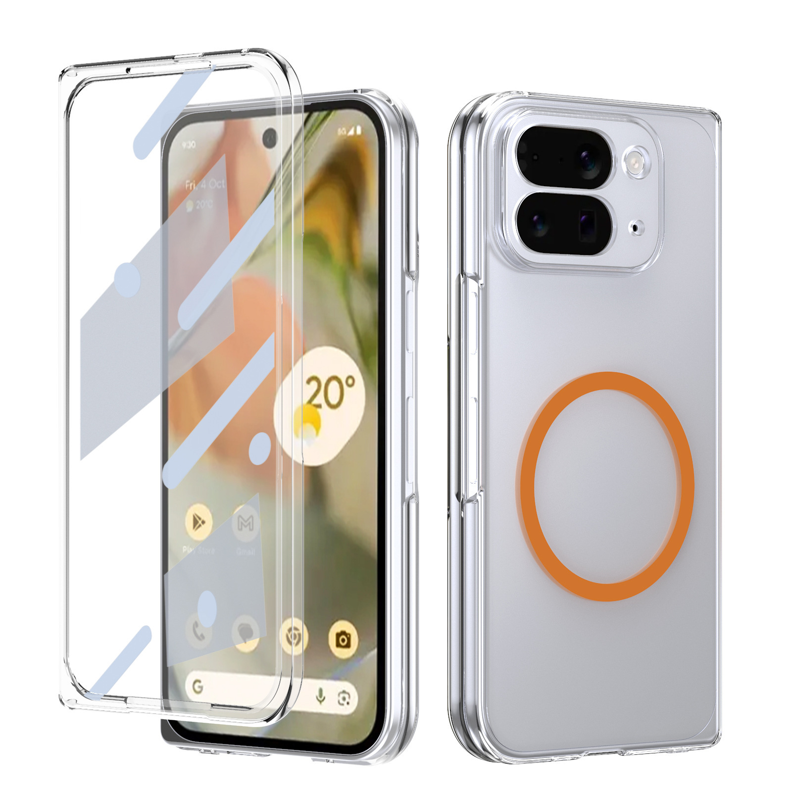 Compatible with Google Pixel 10/9pro Fold phone case, magnetic wireless charging case, screen protector, all-in-one transparent protective case - Orange with magnetic ring [case screen protector]