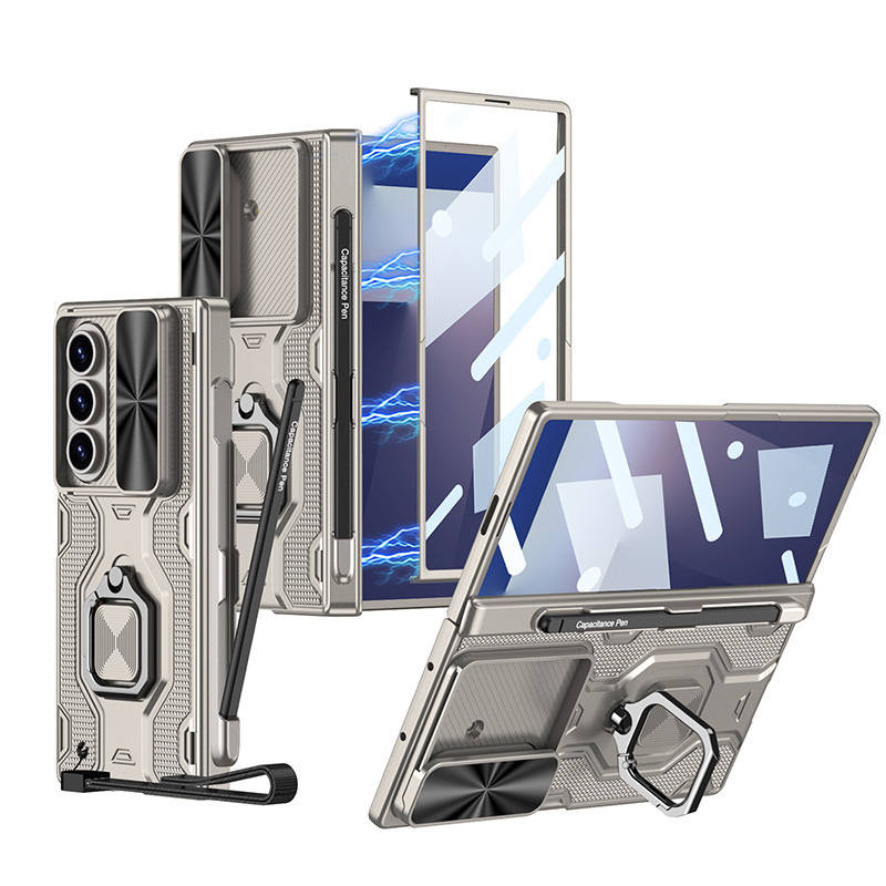 Compatible with Samsung Z Fold7 phone case, sliding window lens ring holder, lanyard, magnetic hinge, full-coverage protective case - Titanium Gray [Casing Cover] SAM-Z Fold7 [With Pen]
