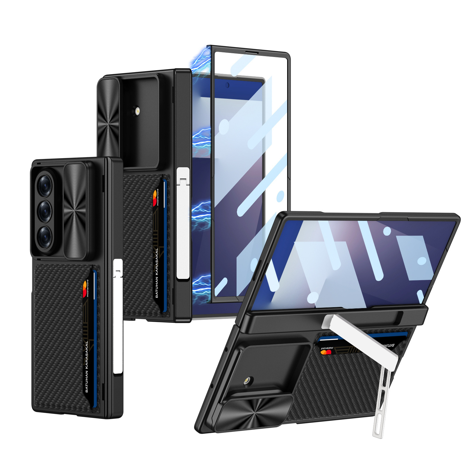 Compatible Samsung Z Fold7 phone case, magnetic hinge bracket, card holder, sliding window lens case, full-coverage protective case - Carbon fiber textured card holder SAM-Z Fold7
