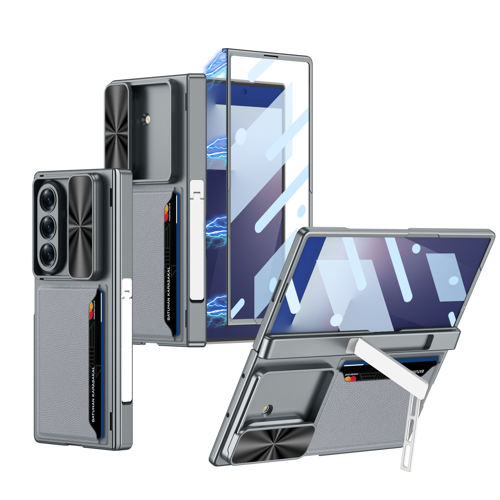 Compatible Samsung Z Fold7 phone case, magnetic hinge bracket, card holder, sliding window lens case, full-coverage protective case - Cold Mountain Grey [Shell] Card Holder Style SAM-Z Fold7
