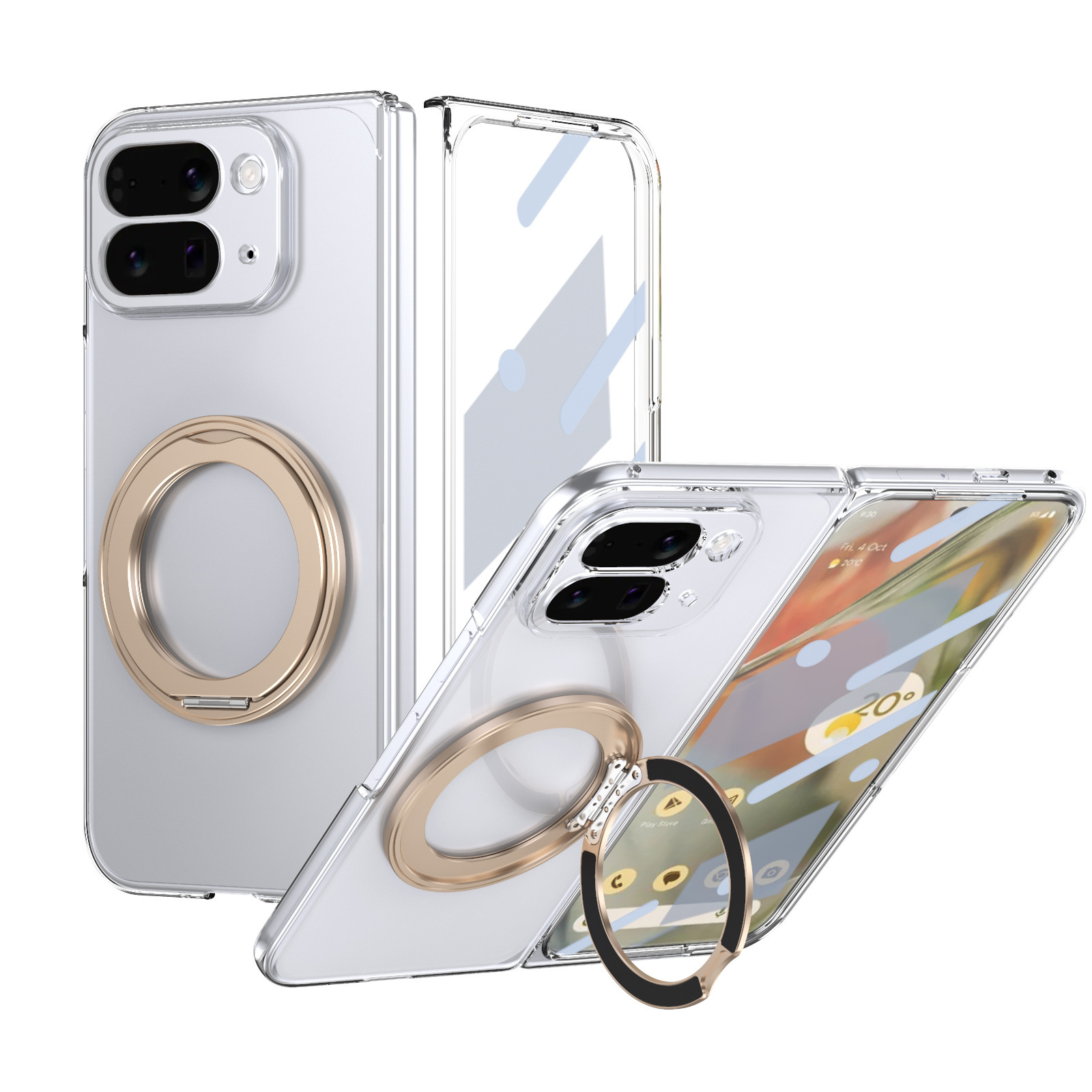 Compatible with Google Pixel 10/9 Fold phone case, wireless charging, magnetic clasp, rotating stand, transparent protective case. - Gold [Case] Pixel 10 Pro Fold