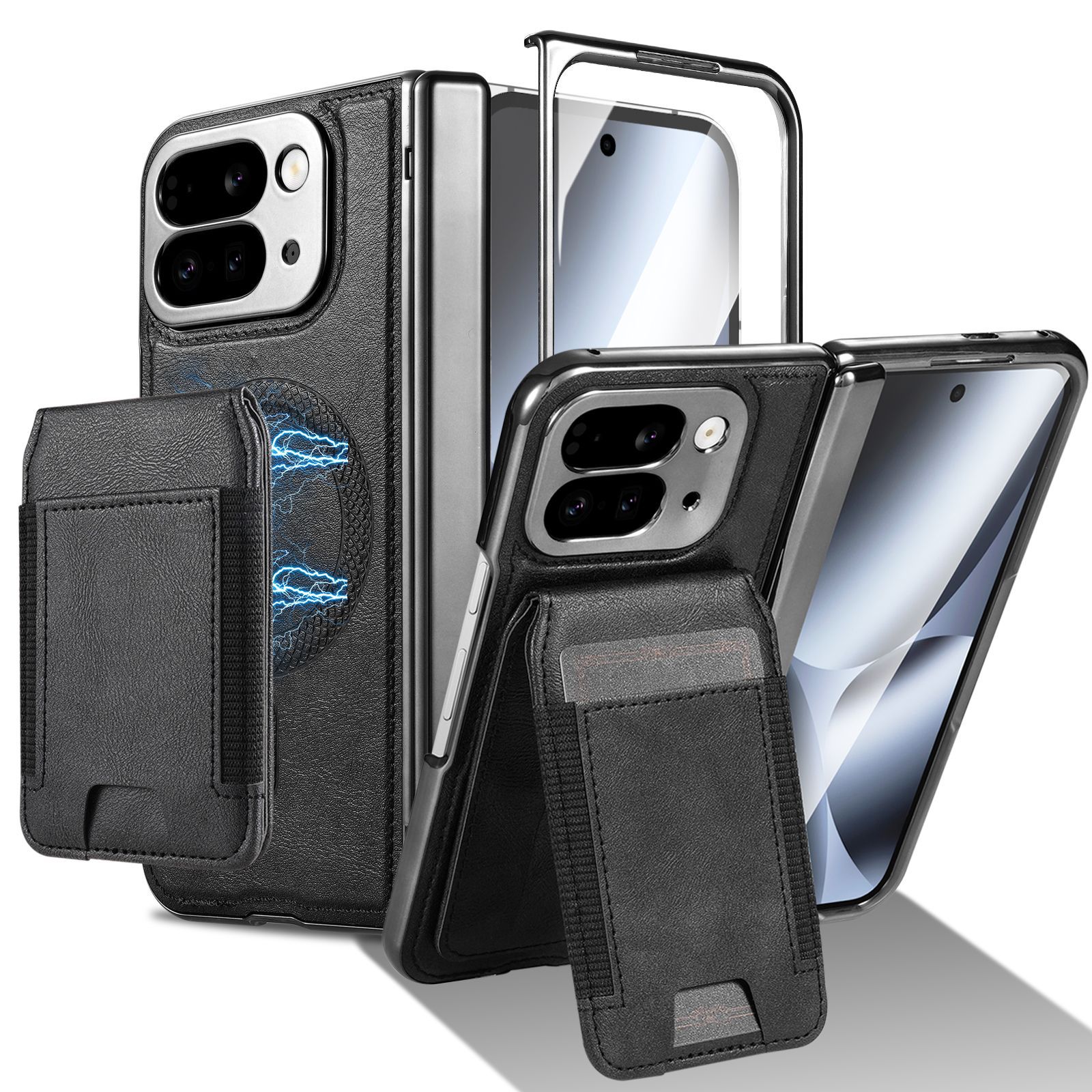 Compatible with Google Pixel 10 Fold folding phone case, 9Fold magnetic card holder stand hinge case film full coverage - Black Case Screen Cover