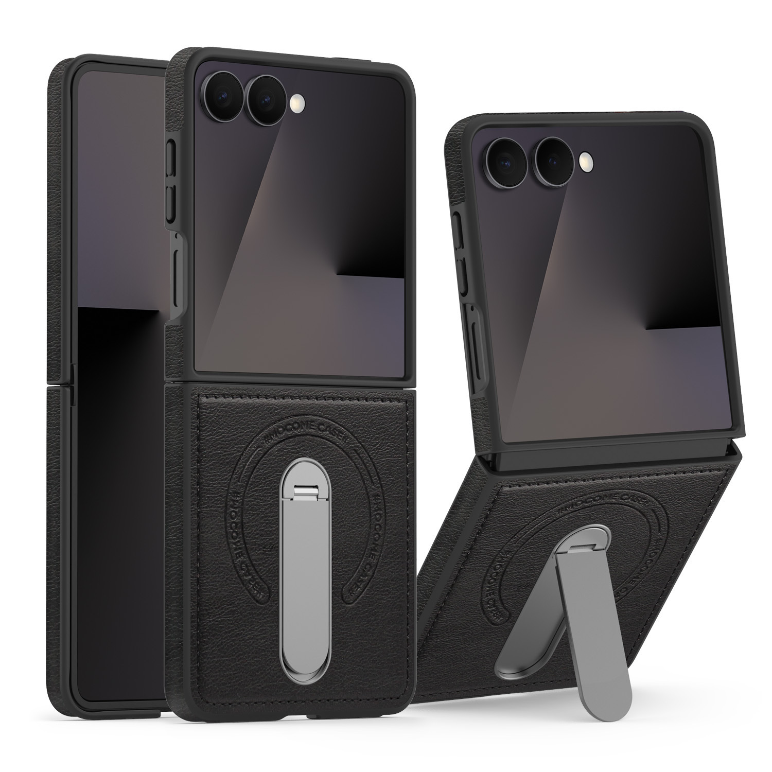 Compatible with Samsung Z Flip 8/7 phone case, 6/5 vegan leather, magnetic 360° rotating stand, 4/3 folding screen protective case - Black Samsung Z Flip8