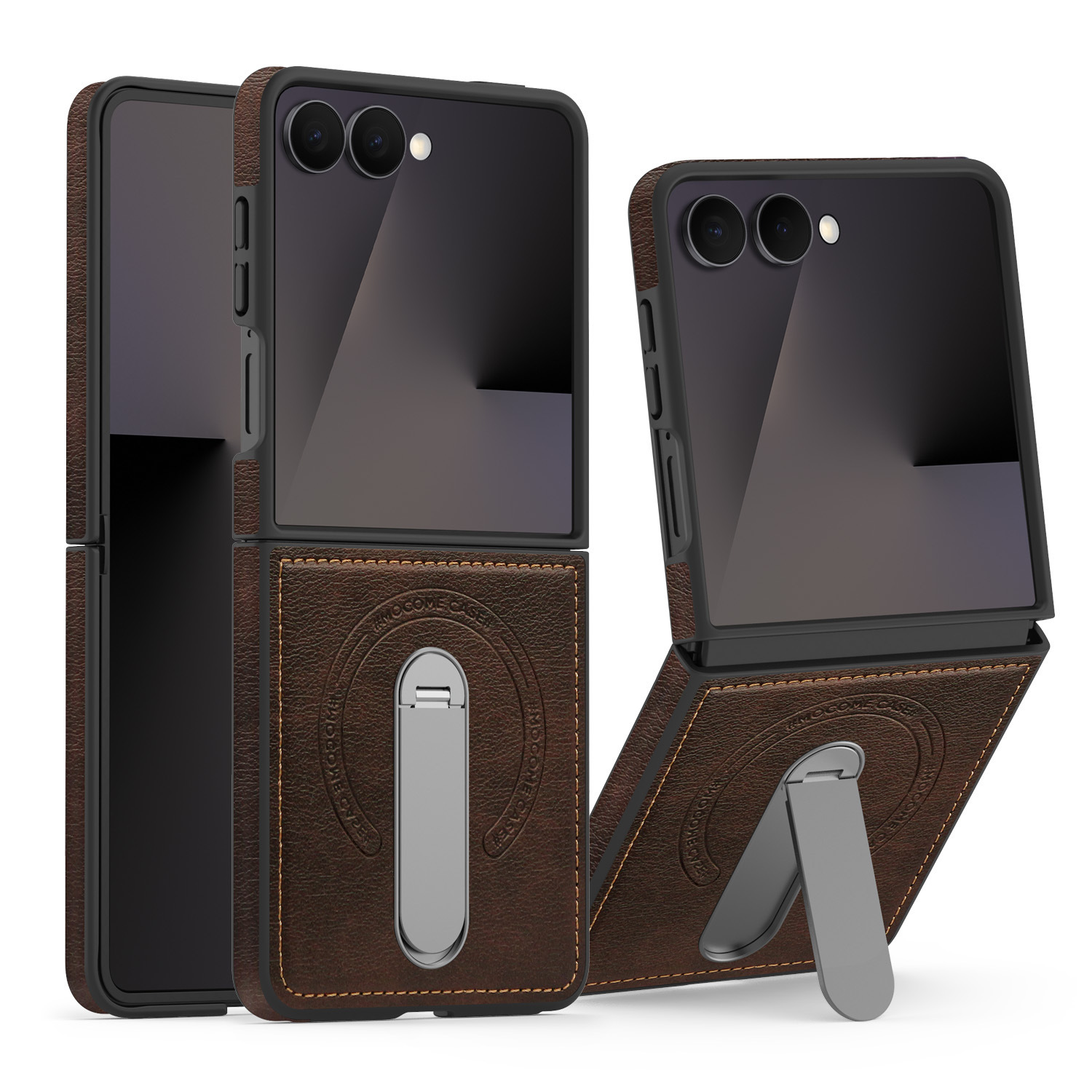 Compatible with Samsung Z Flip 8/7 phone case, 6/5 vegan leather, magnetic 360° rotating stand, 4/3 folding screen protective case - Coffee brown Samsung Z Flip 8