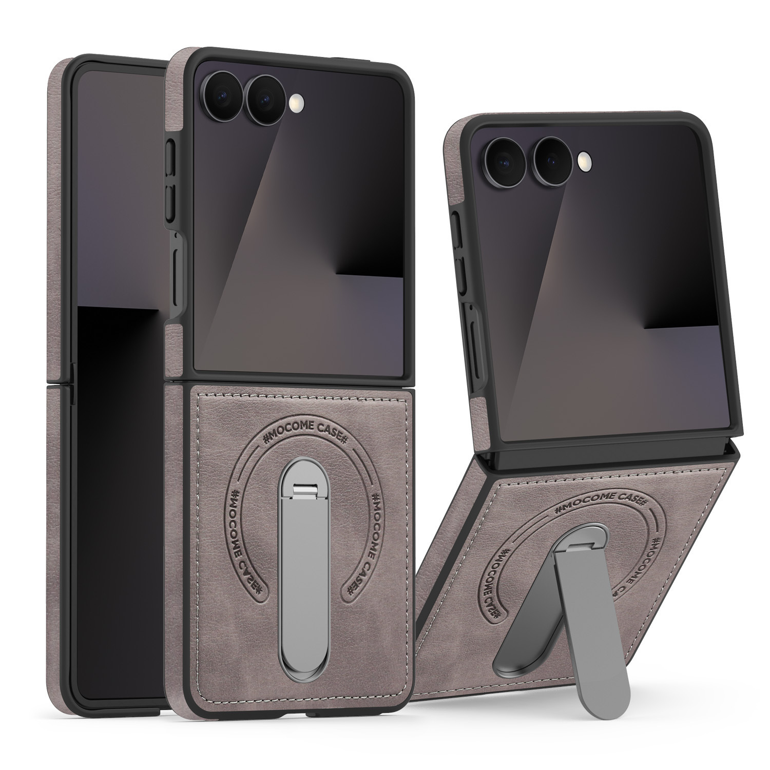 Compatible with Samsung Z Flip 8/7 phone case, 6/5 vegan leather, magnetic 360° rotating stand, 4/3 folding screen protective case - Gray Samsung Z Flip8