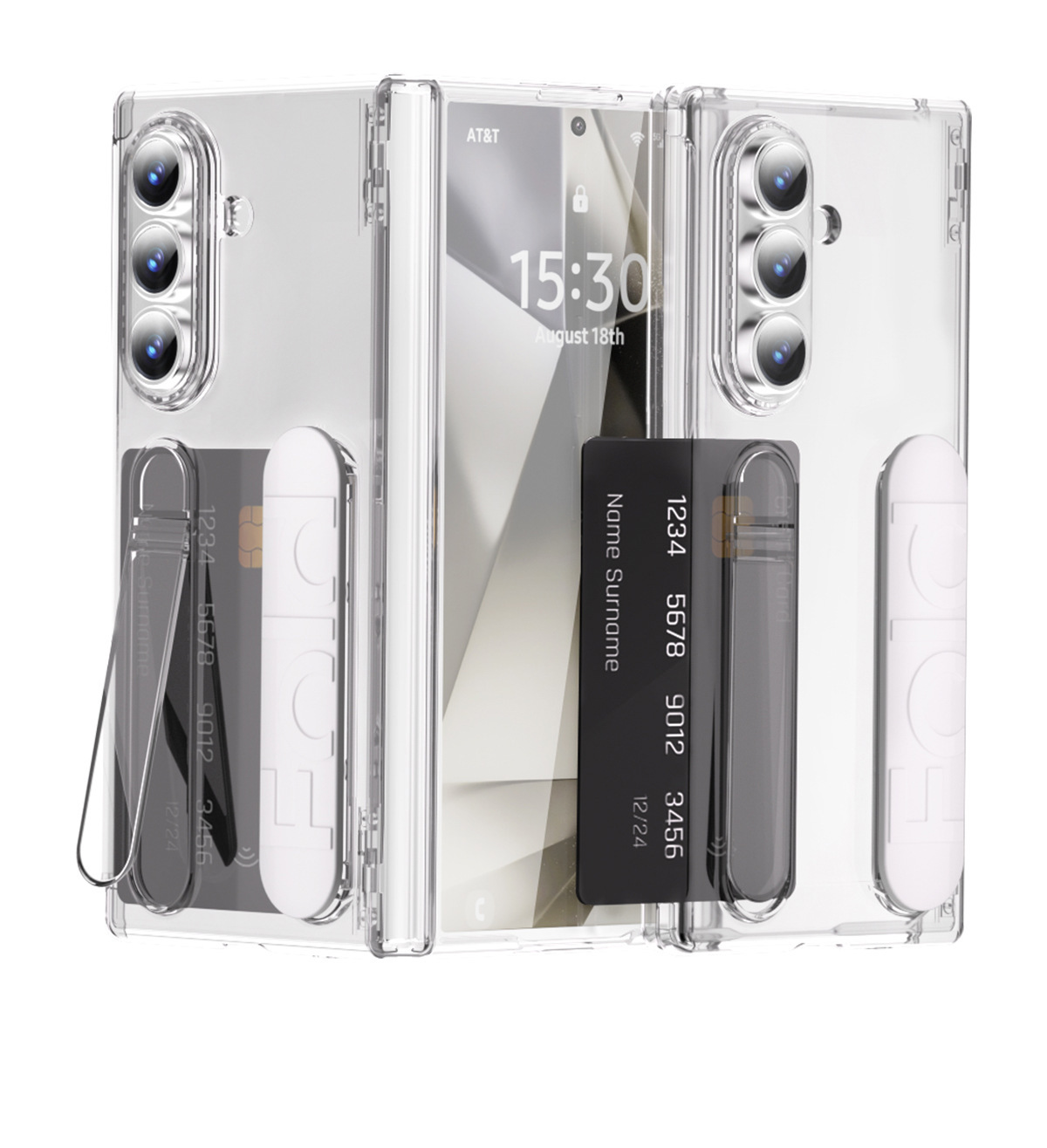 Compatible with Samsung Z Fold8U phone case, 7/6 SIM card slot, wrist strap, stand, hinge, 5/4 case, full-coverage protective case. - Transparent Case Card Insert 3-Piece Set