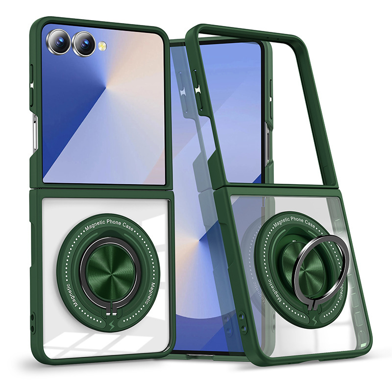 Compatible with Samsung Z Flip 7/6/5 phone case, 360° rotating stand, magnetic wireless charging, transparent drop-proof protective case. - Green [Guest Photo] SAM-Z Flip7