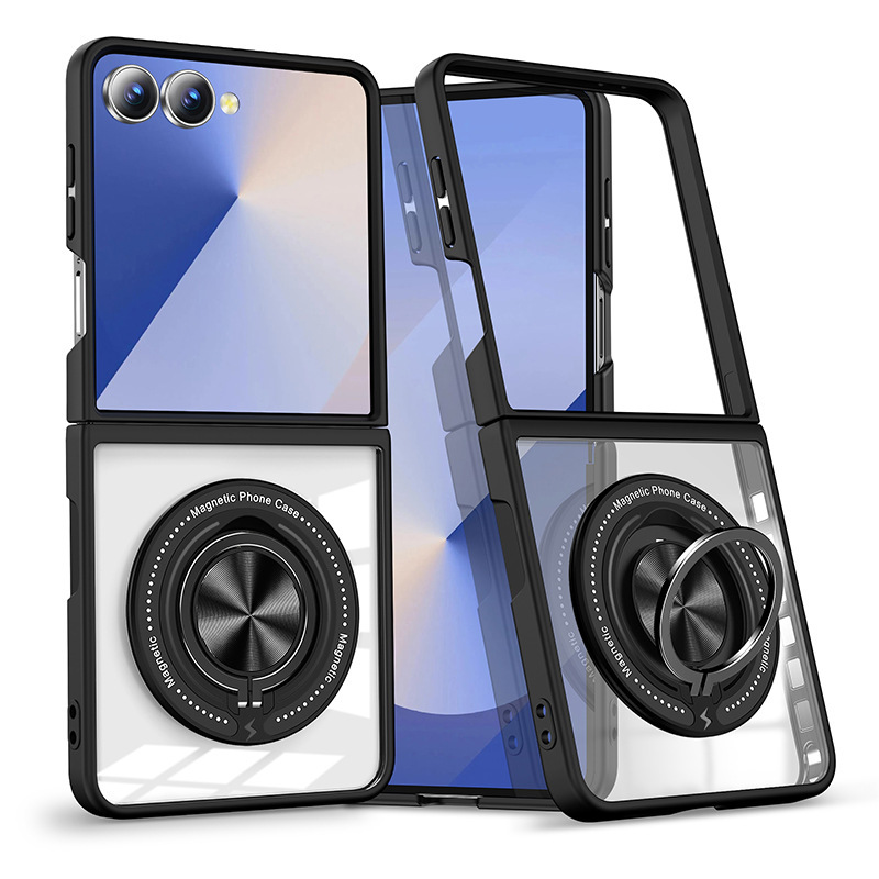 Compatible with Samsung Z Flip 7/6/5 phone case, 360° rotating stand, magnetic wireless charging, transparent drop-proof protective case. - Black [Guest Photo] SAM-Z Flip7