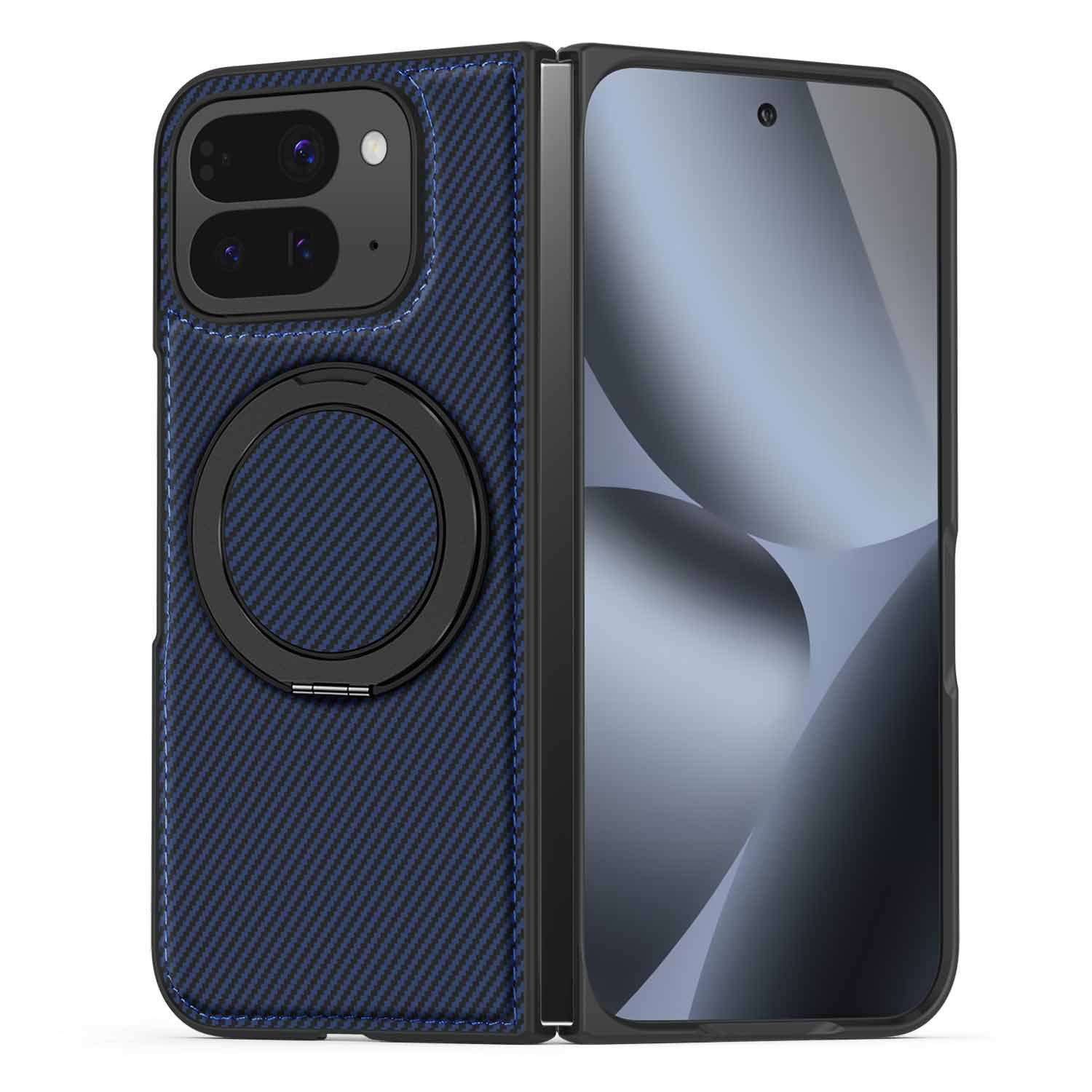 Compatible with Google Pixel 10 Pro Fold phone case, magnetic rotating stand, 9Fold carbon fiber leather textured protective case - Dark blue [Kevlar texture] Pixel 10 ProFold