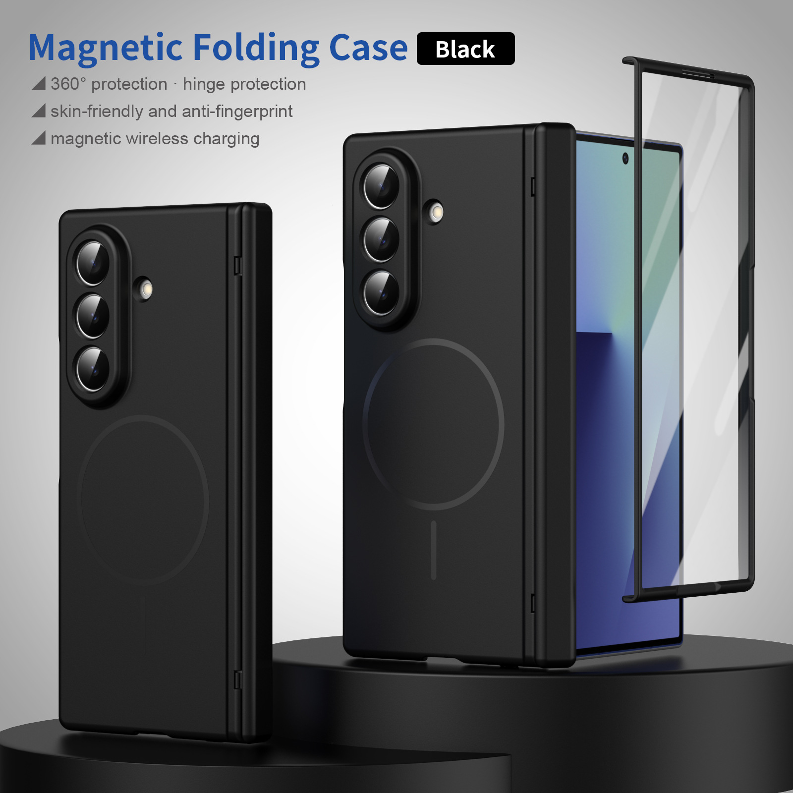 Compatible with Samsung Z Fold8/7/6 phone case W26 magnetic wireless charging 5/4/3 hinge case full coverage case - Black [Casing and Screen Protector] with Built-in Magnetic Residue Samsung-Z Fold8U [Standard Edition]