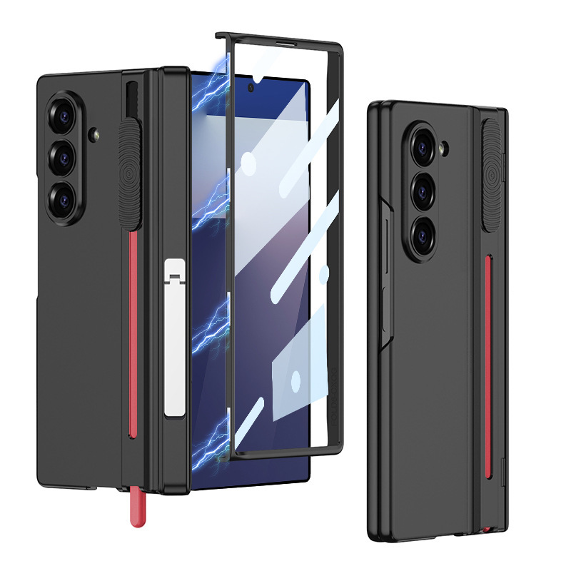 Compatible with Samsung Z Fold7 phone case W26 magnetic hinge bracket push-pull pen slot case film drop protection case - Red + Black Case with Side Stand Samsung Z Fold7