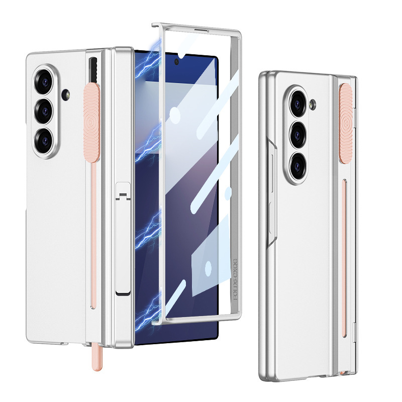 Compatible with Samsung Z Fold7 phone case W26 magnetic hinge bracket push-pull pen slot case film drop protection case - Silver + Pink [Case and Screen Protector] Side Stand Samsung Z Fold7